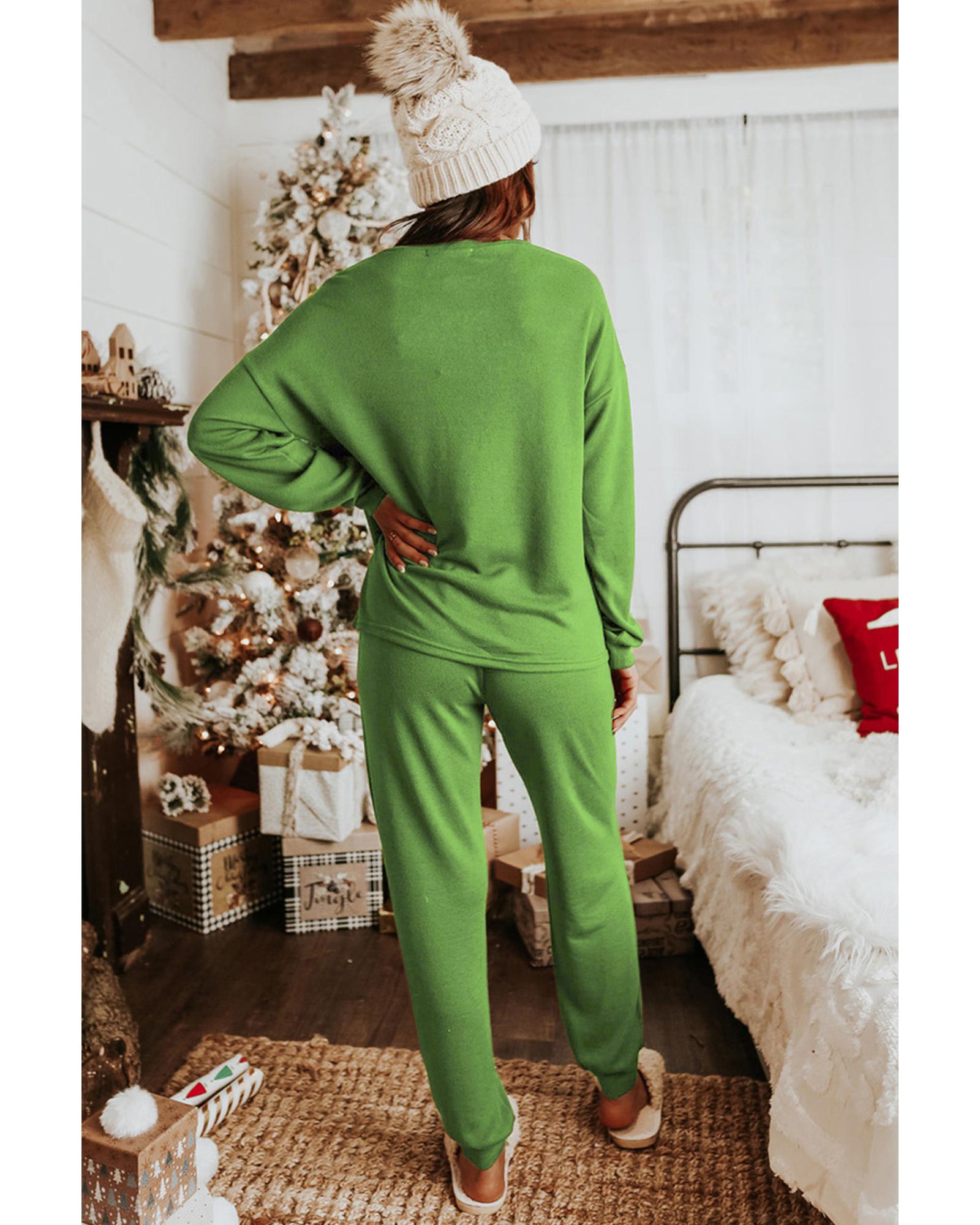 V539-AZEXDC15785-P709-L-202508271620-00 Spinach Green Sequined Christmas Cane Pattern Lounge Sweatsuit - L - Image 1