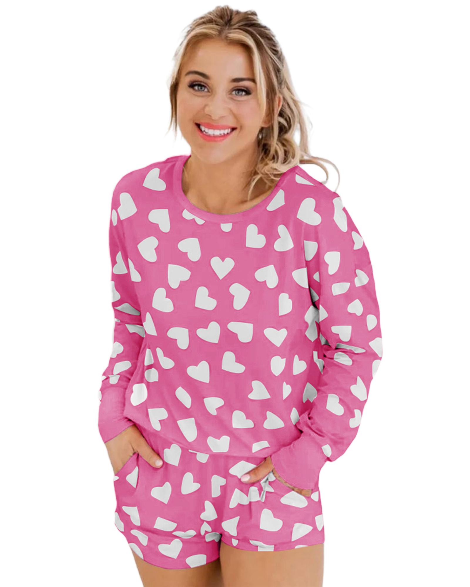 V539-AZEXDC15803-P101020-L-202508270400-00 Pink Valentine Heart Shape Print Long Sleeve Top Shorts Lounge Set - L - Image 1