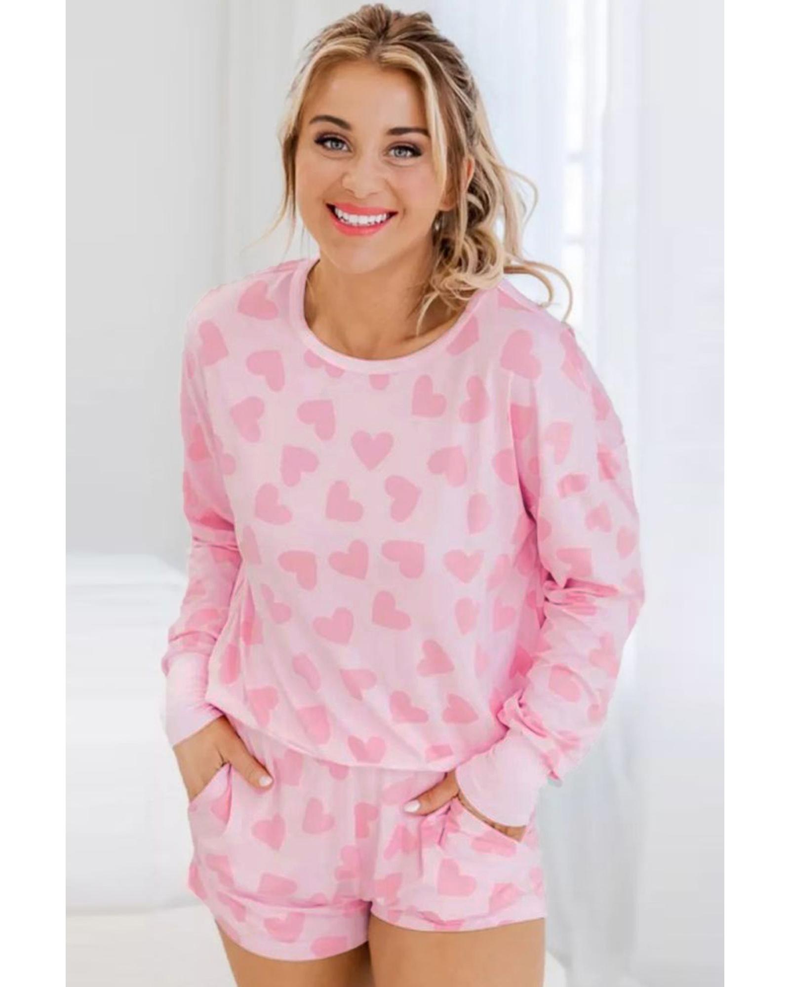 V539-AZEXDC15803-P1020-M-202508271020-00 Pink Valentine Heart Shape Print Long Sleeve Top Shorts Lounge Set - M - Image 1