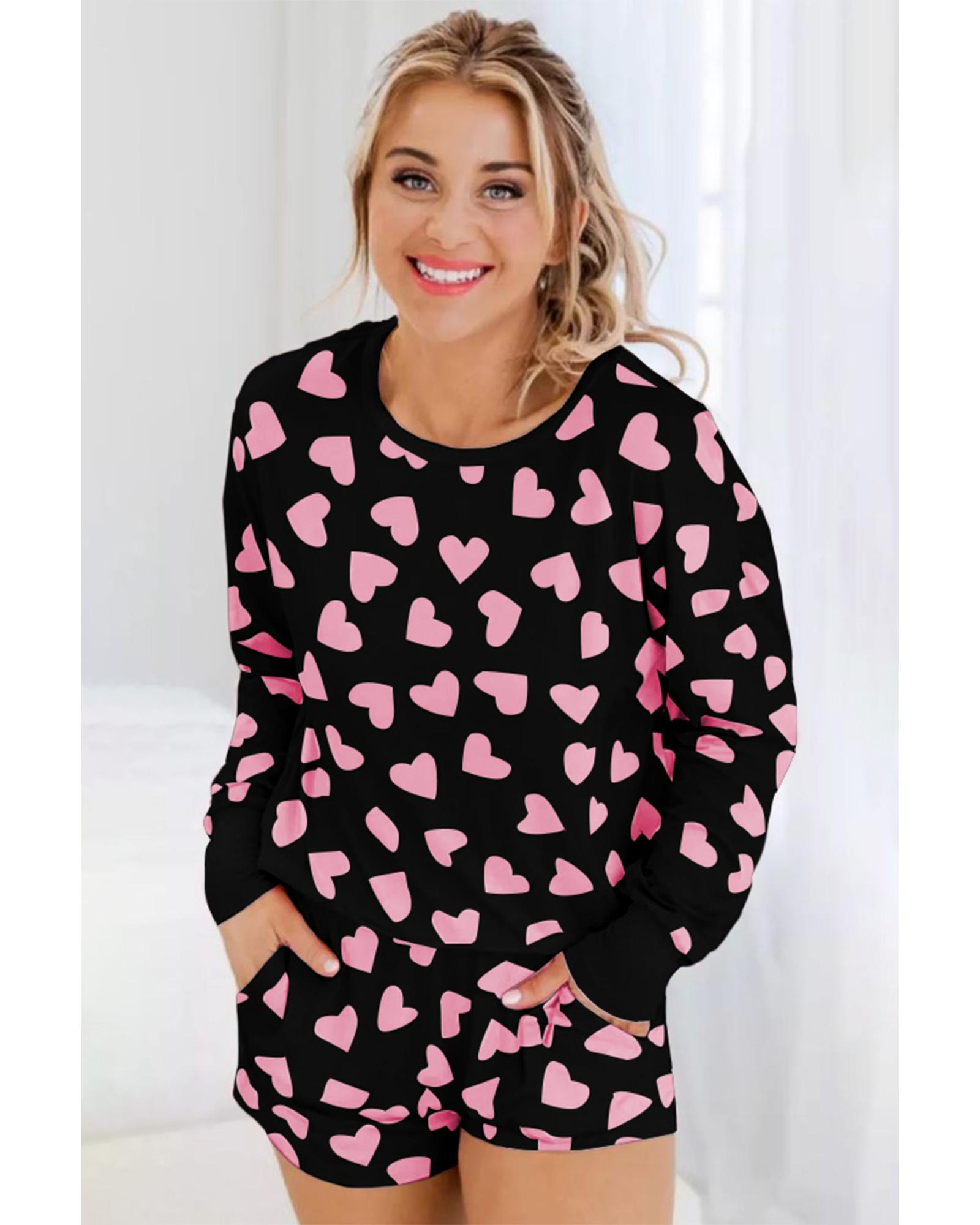 V539-AZEXDC15803-P220-M-202508271530-00 Black Valentine Heart Shape Print Long Sleeve Top Shorts Lounge Set - M - Image 1