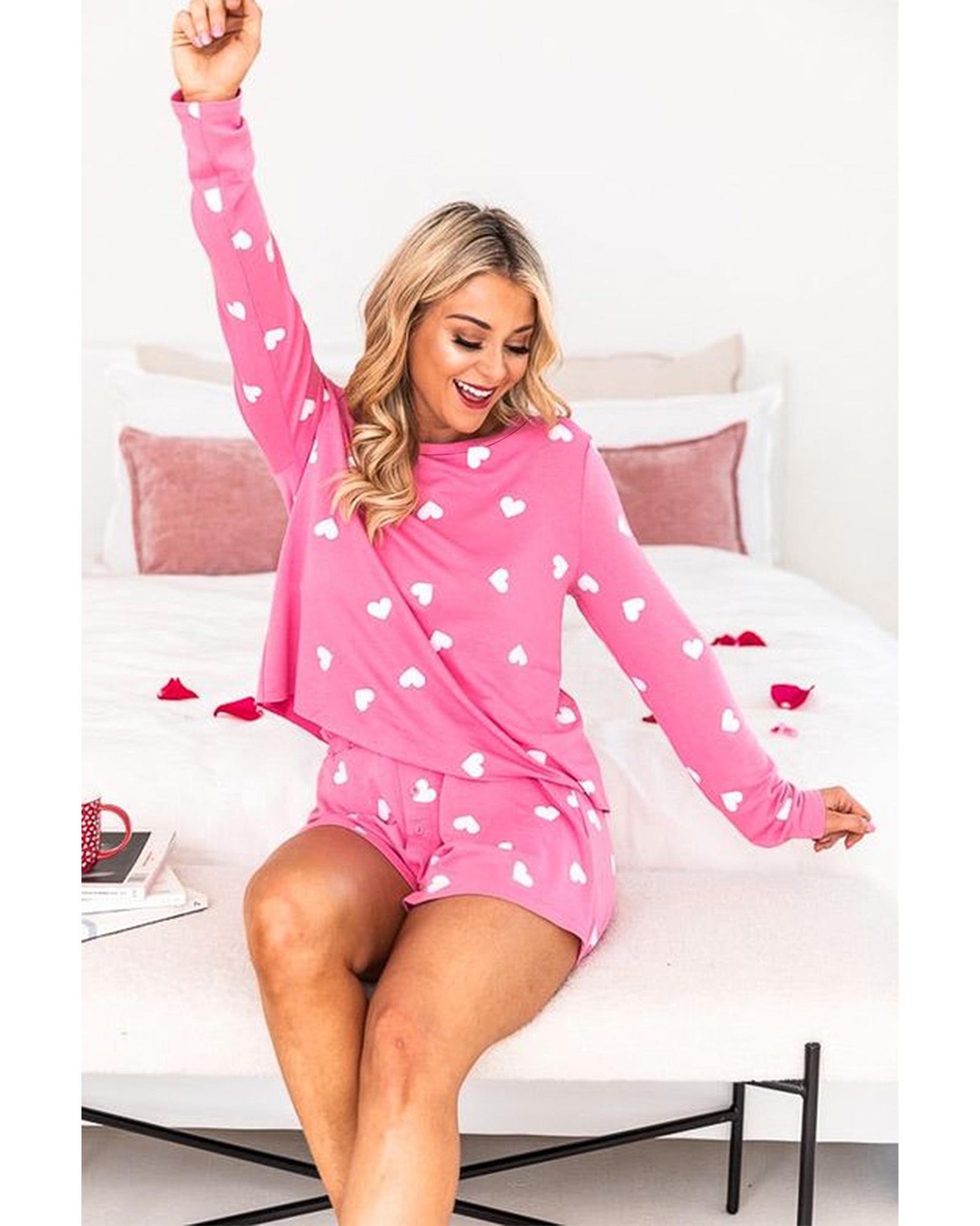 V539-AZEXDC15805-P1020-XL-202508272330-00 Pink Valentine Heart Print Long Sleeve Tee and Shorts Lounge Set - XL - Image 1