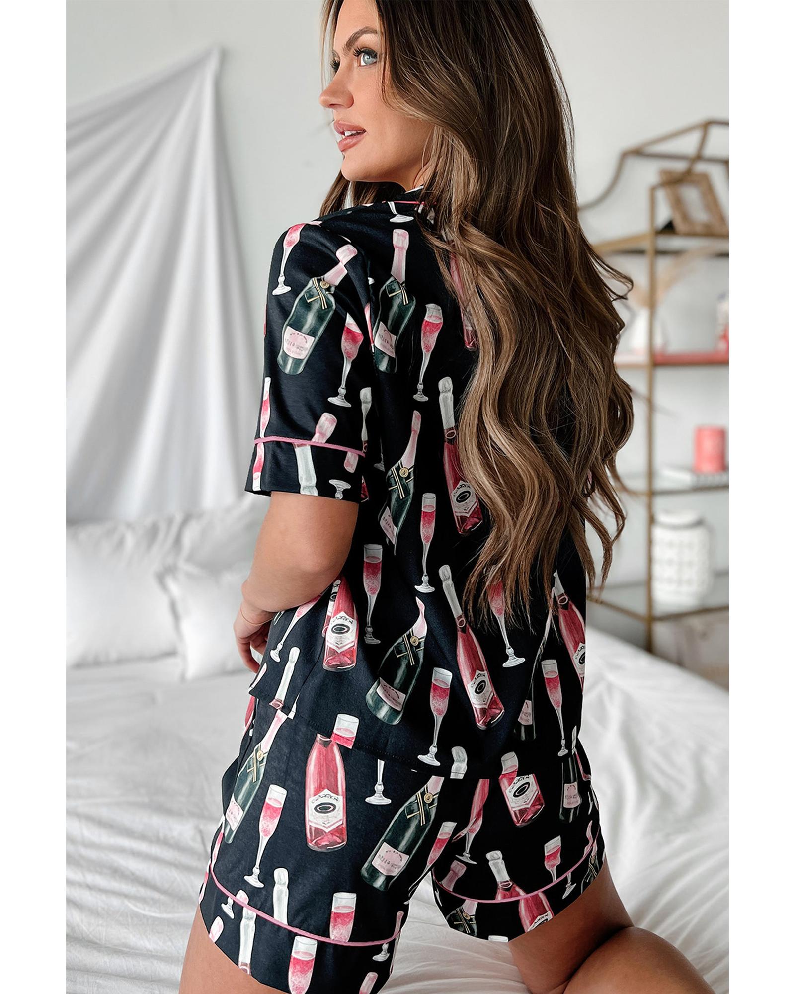 V539-AZEXDC15885-P2-L-202508270355-00 Black Champagne Print Silky Short Sleeve Pajamas Set - L - Image 1