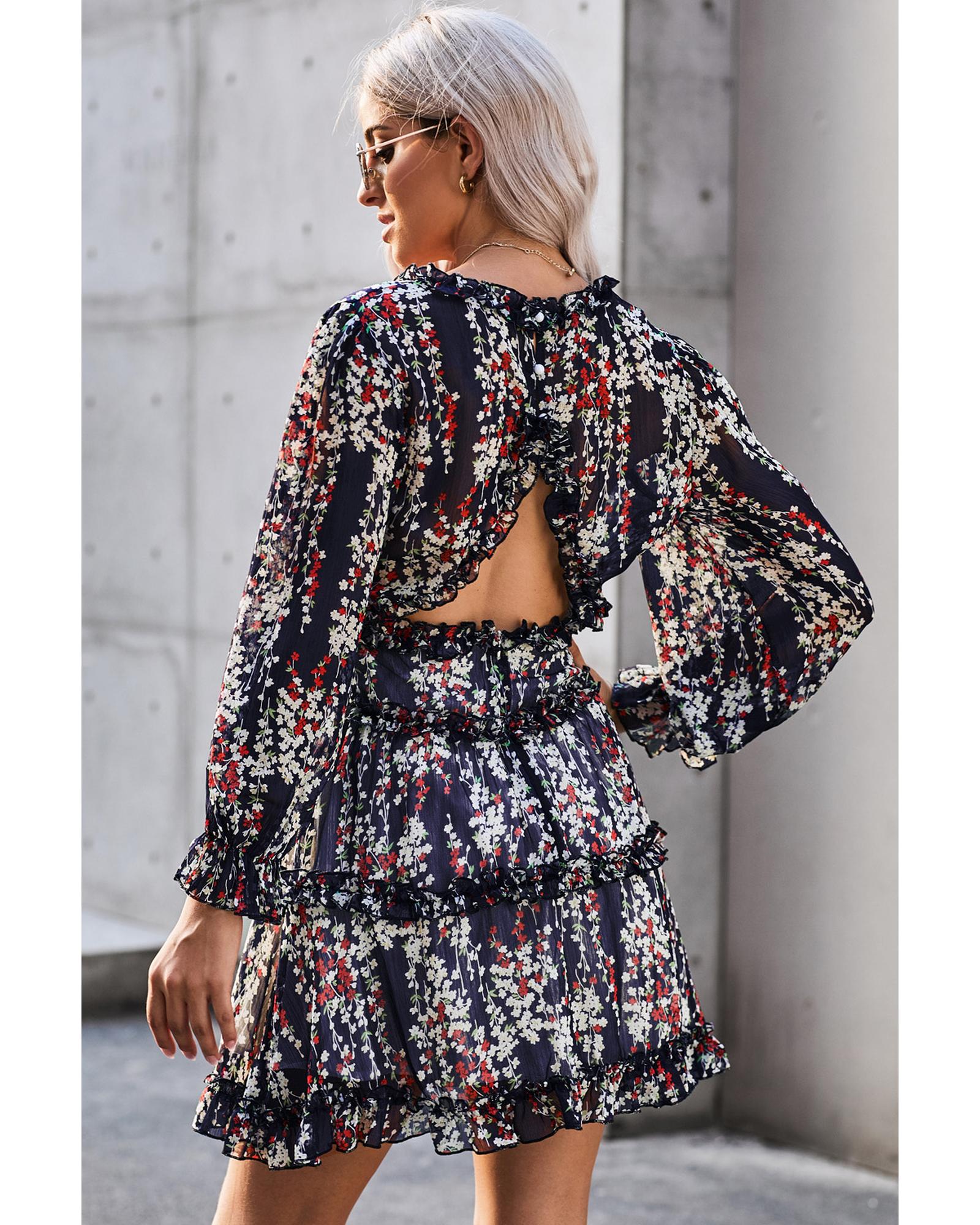 V539-AZEXDC220829-5-L-202508270206-00 Blue Ruffle Detailing Open Back Floral Dress - L - Image 1