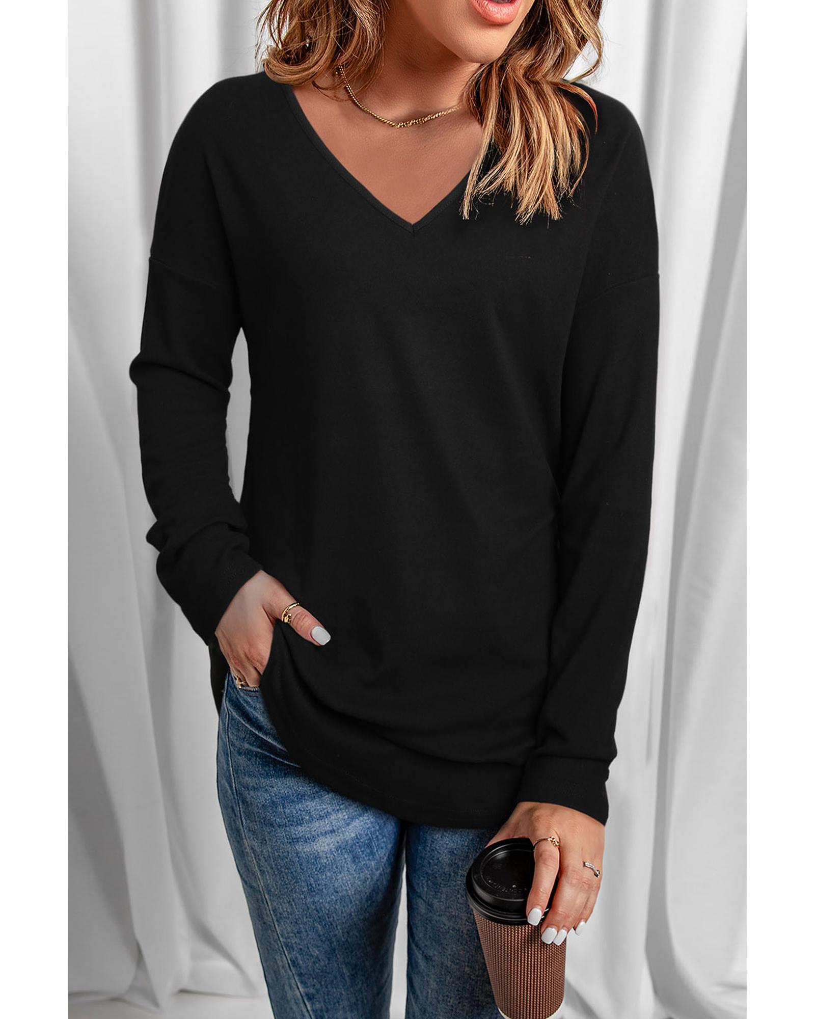 V539-AZEXDC25111364-2-S-165276-00 Azura Exchange V Neck Long Sleeve Knit Top - S - Image 1