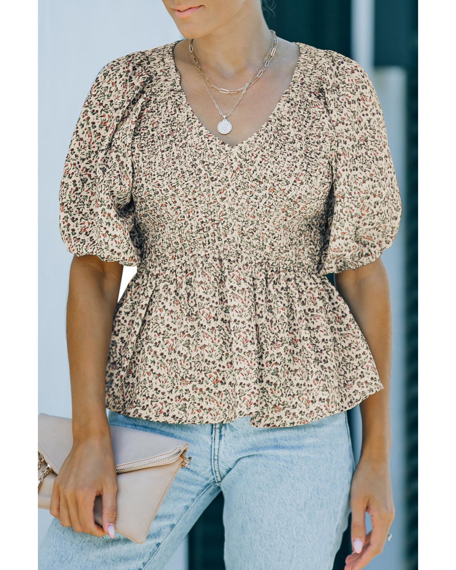 V539-AZEXDC25112710-9-2XL-202508311710-00 Azura Exchange Puff Sleeve Smocked Top with Floral Print - 2XL - Image 1