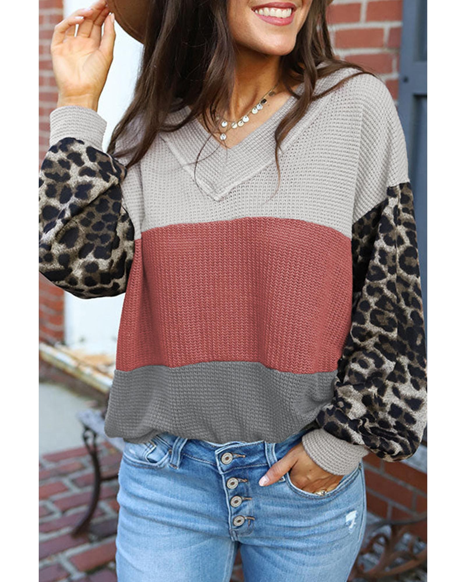 V539-AZEXDC25115978-3-S-161600-00 Azura Exchange Leopard Contrast Sleeve Colorblock Waffle Knit Top - S - Image 1