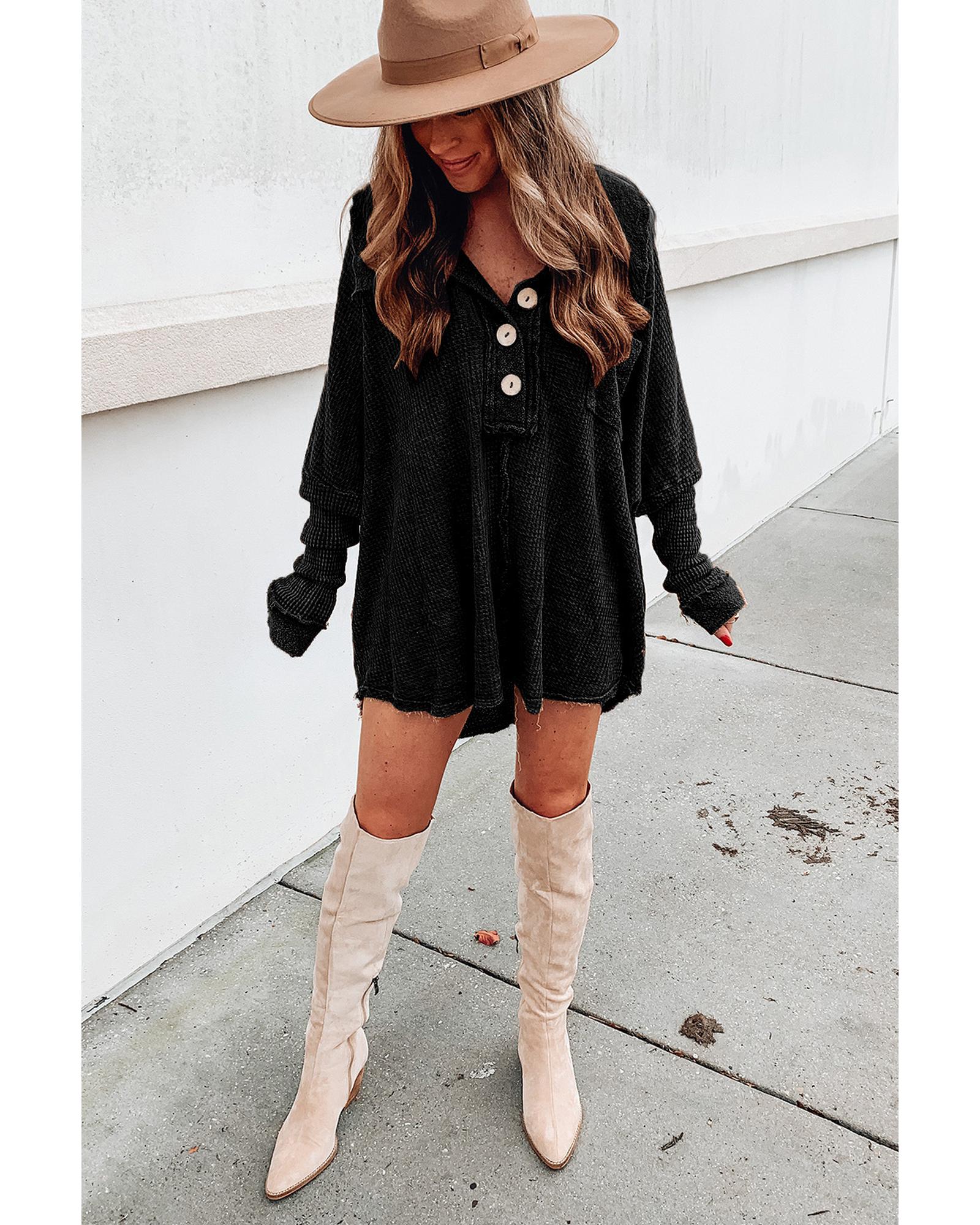 V539-AZEXDC25116605-2-XL-202508290735-00 Azura Exchange Buttoned Waffle Knit Long Sleeve Top - XL - Image 1