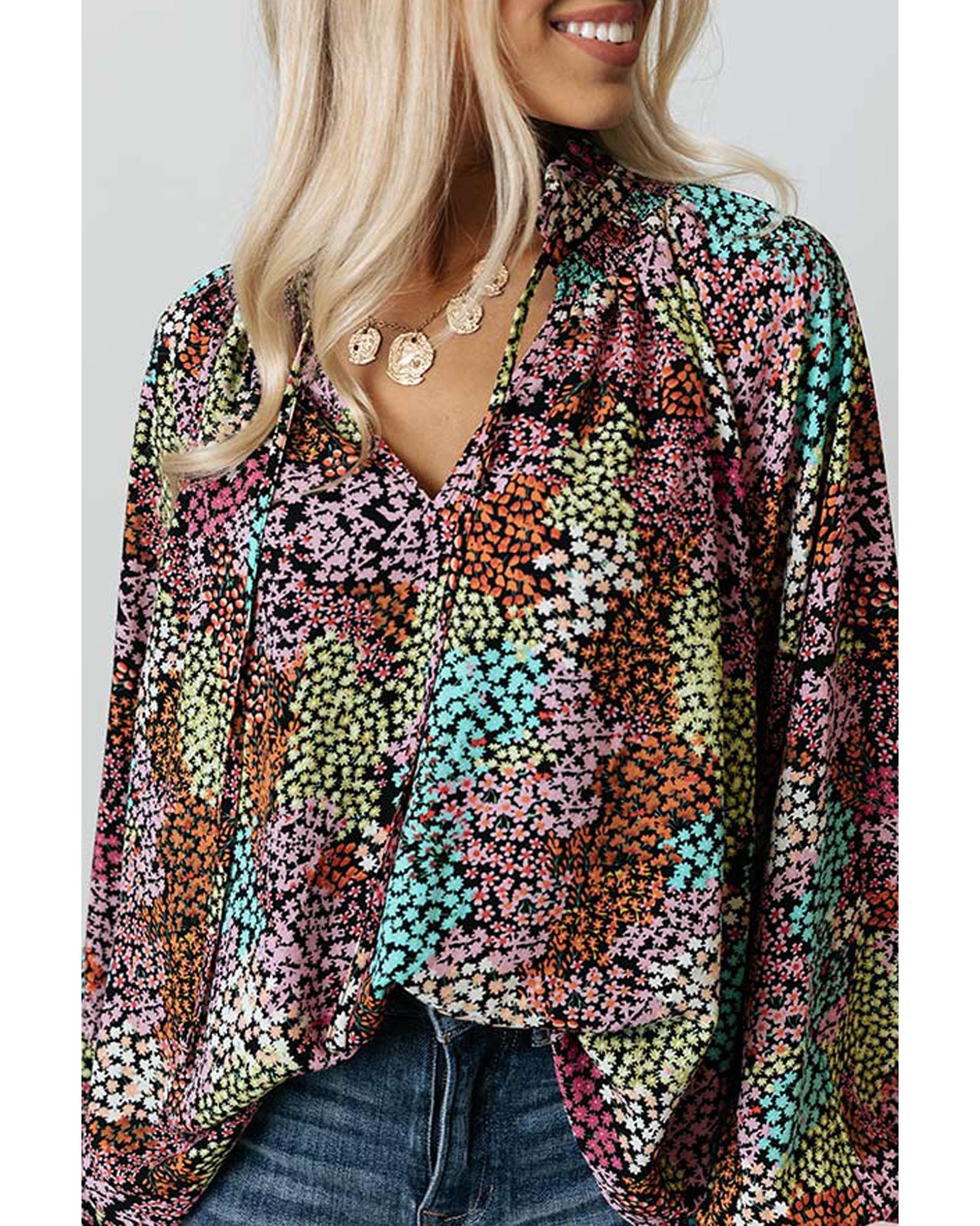 V539-AZEXDC25116906-22-S-202508290900-00 Azura Exchange Vibrant Floral Tie V Neck Puff Sleeve Blouse - S - Image 1