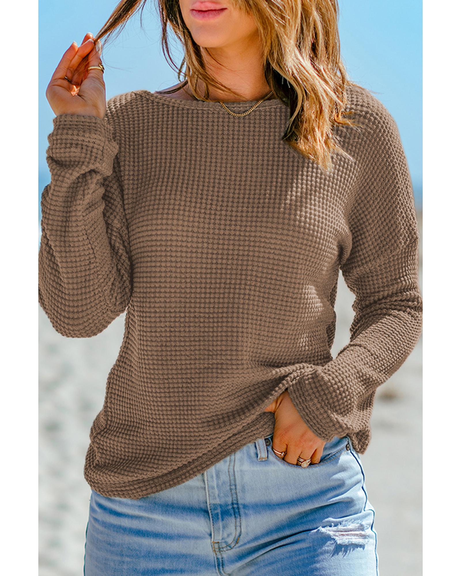 V539-AZEXDC25117020-P5017-S-202508270630-00 Dark Brown Waffle Knit Drop Shoulder Long Sleeve Top - S - Image 1