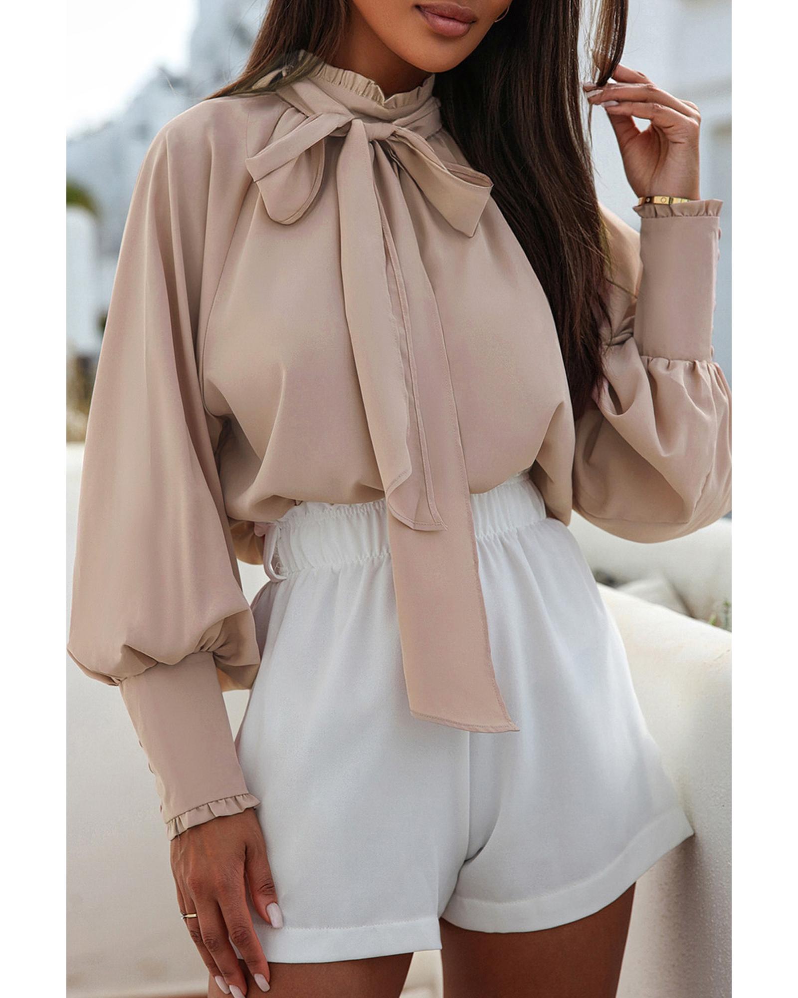 V539-AZEXDC25118865-16-M-202508251720-00 Azura Exchange Khaki Frilled Knotted Blouse with Bishop Sleeves - M - Image 1