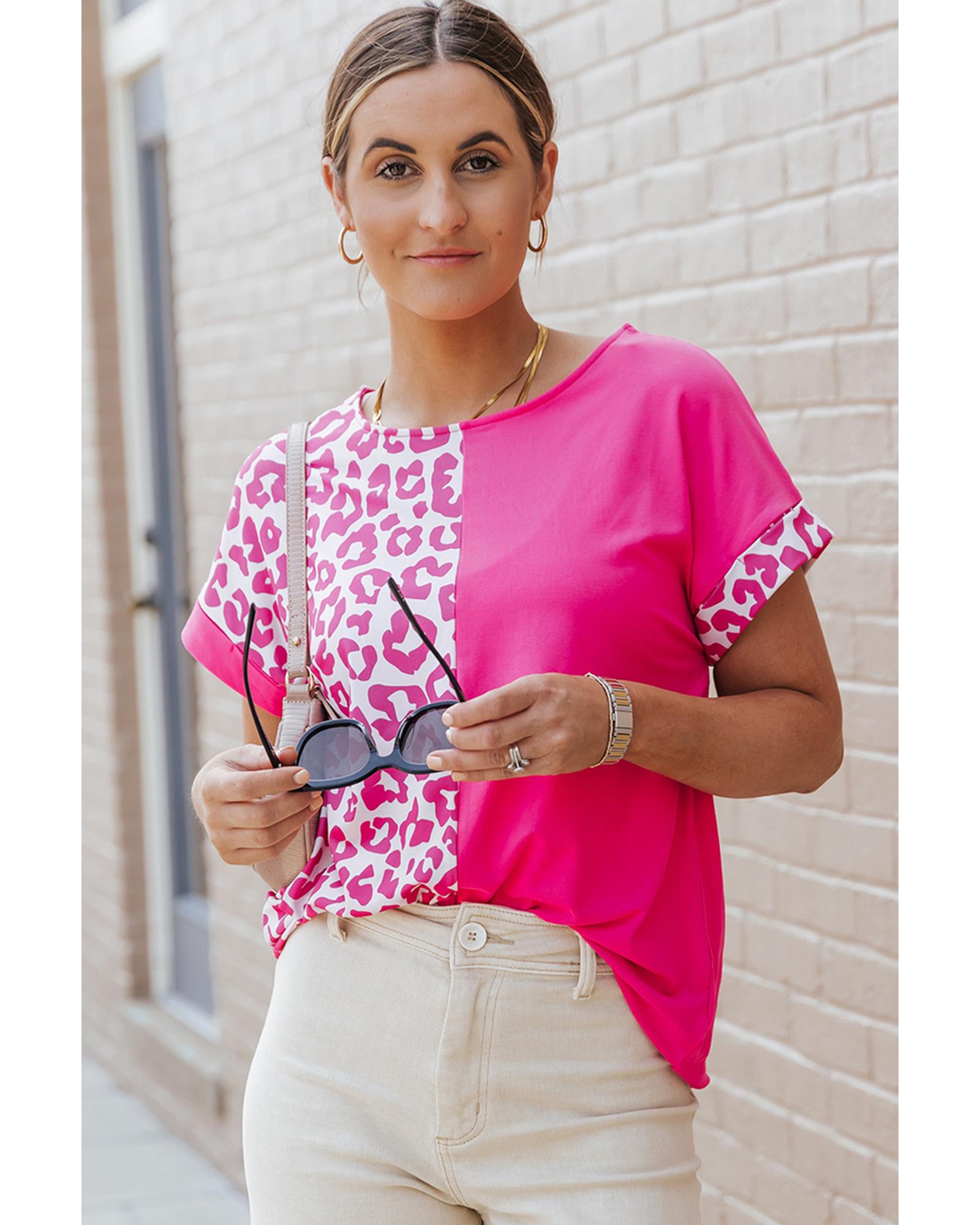 V539-AZEXDC25120368-6-S-165143-00 Azura Exchange Leopard Patchwork Short Sleeves Top - S - Image 1