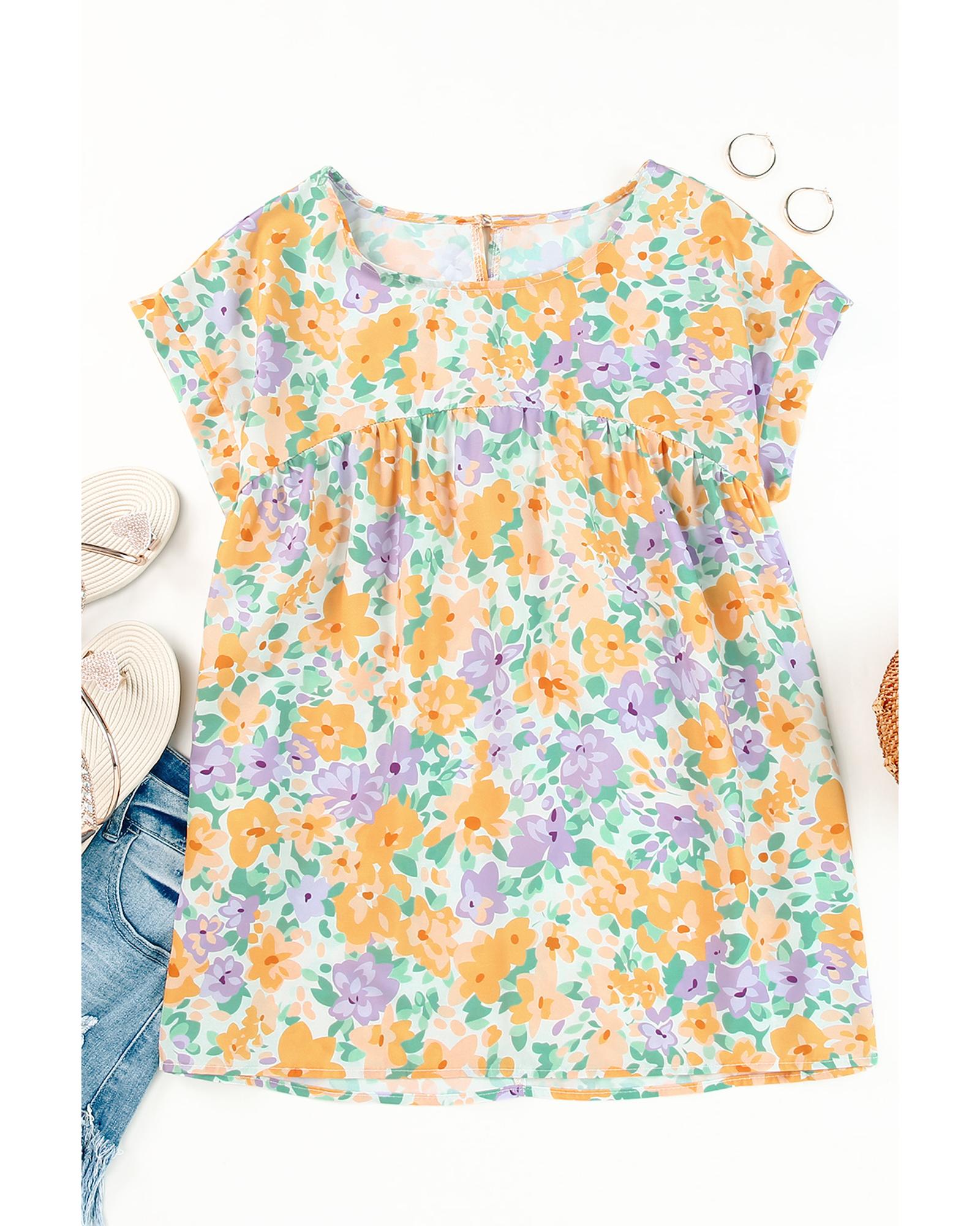 V539-AZEXDC25121101-7-M-202508261800-00 Azura Exchange Print Keyhole Back Short Sleeve Babydoll Blouse - M - Image 1