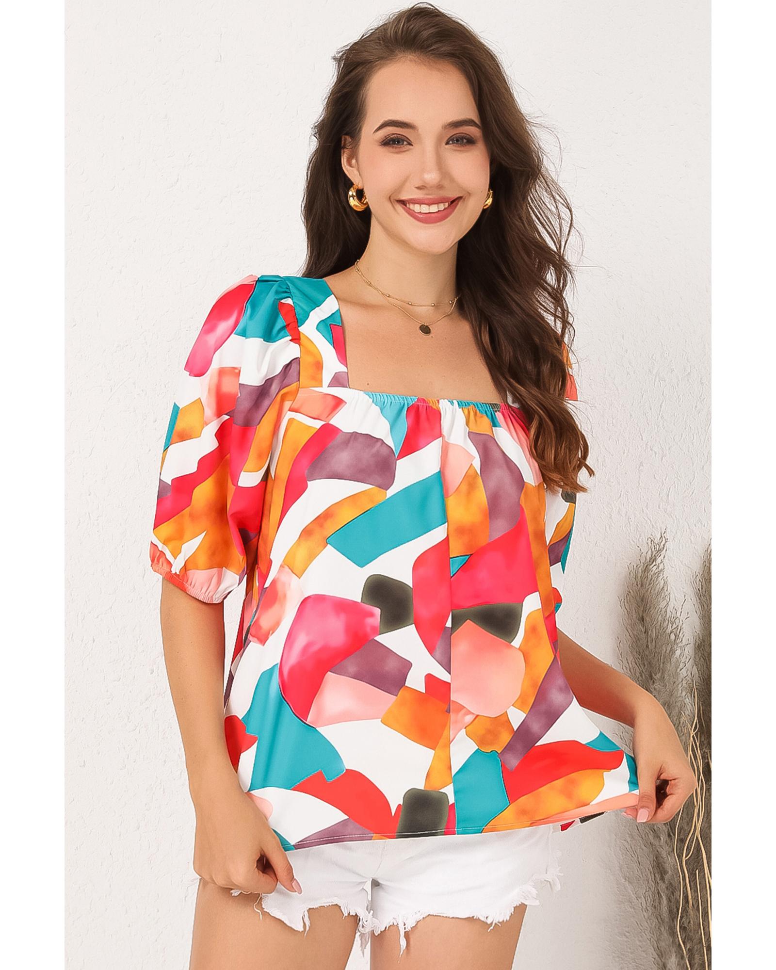 V539-AZEXDC25121118-22-S-202508262335-00 Azura Exchange Abstract Print Square Neck Short Sleeve Blouse - S - Image 1