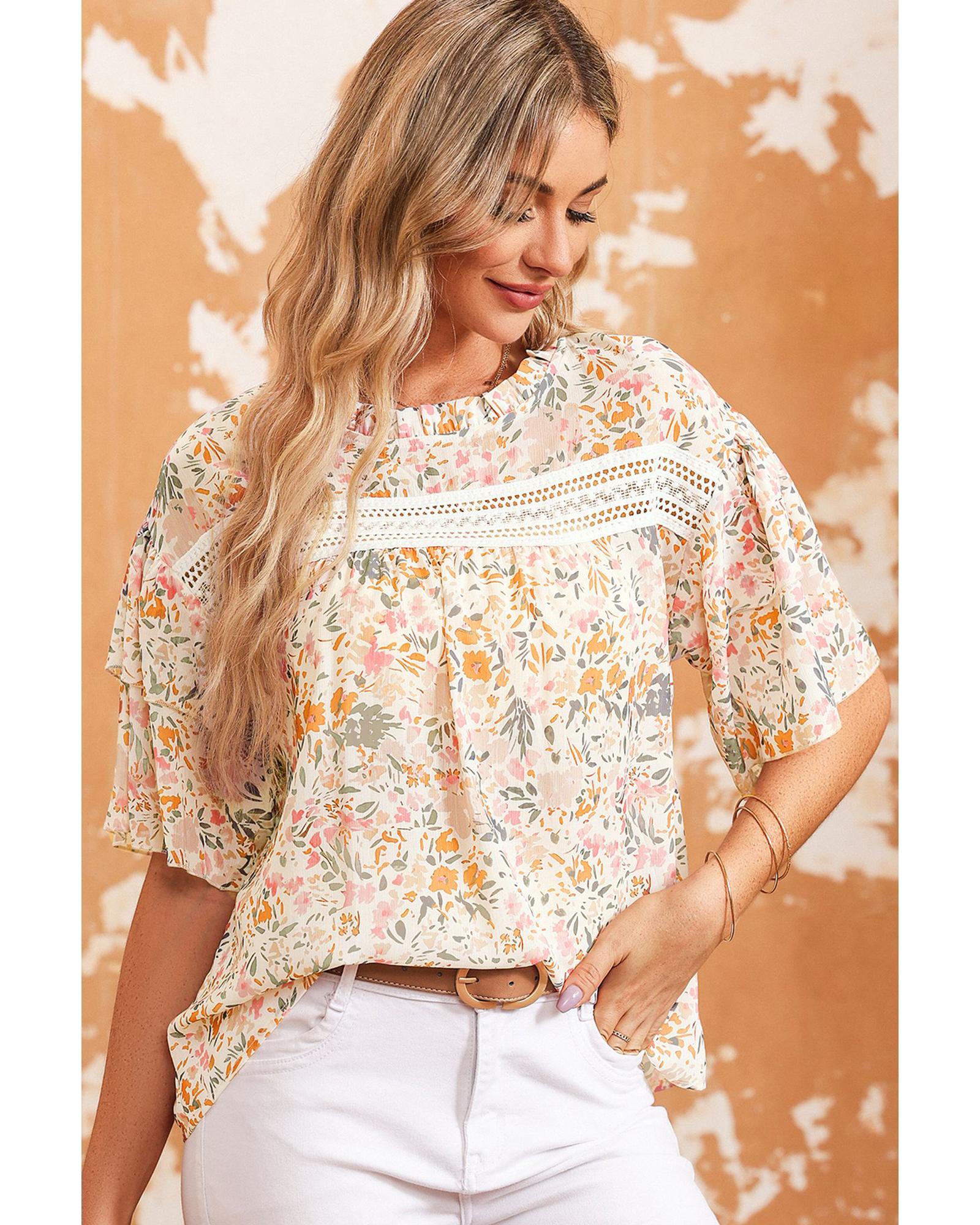 V539-AZEXDC25121211-22-S-162527-00 Azura Exchange Floral Print Wide Ruffle Sleeves Blouse - S - Image 1