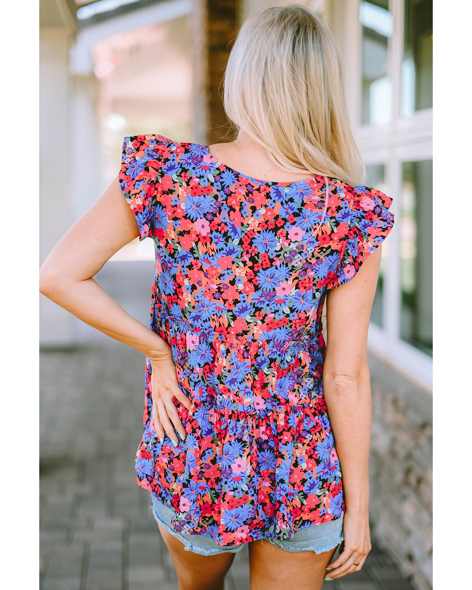 V539-AZEXDC25121259-22-M-202508251655-00 Azura Exchange Floral Print Ruffle Tiered Short Sleeve Babydoll Top - M - Image 1