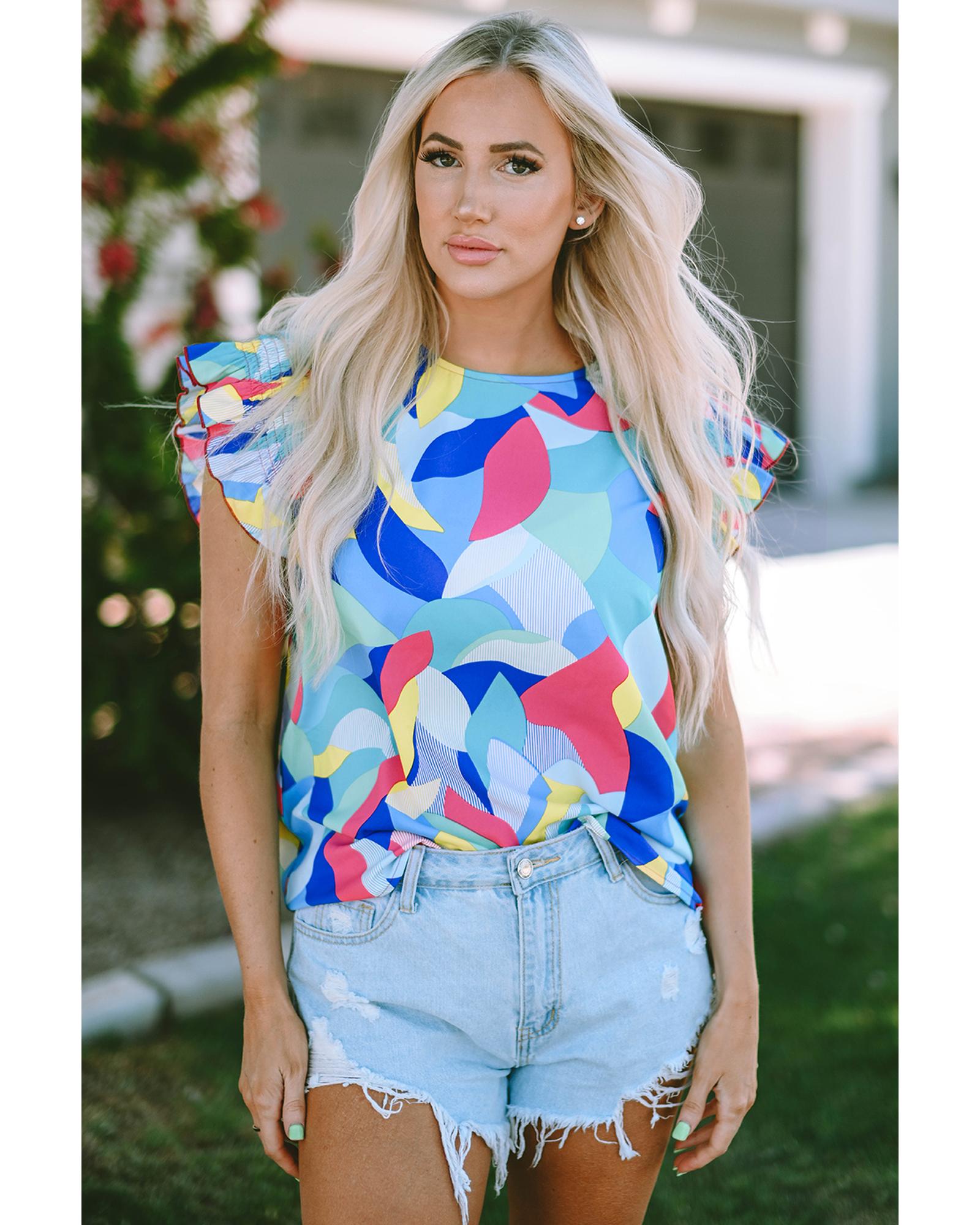 V539-AZEXDC25121270-22-XL-202508270050-00 Azura Exchange Abstract Print Ruffle Sleeve Blouse - XL - Image 1