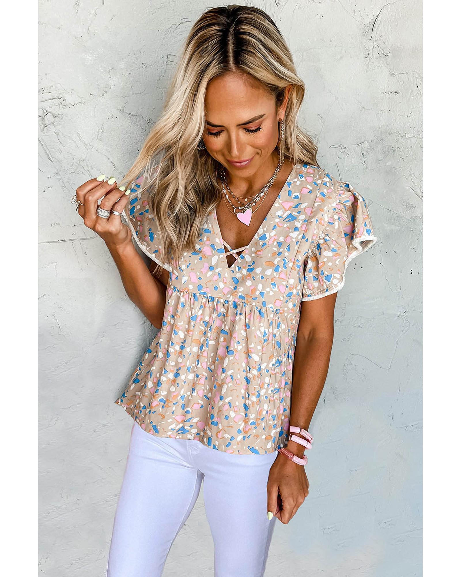 V539-AZEXDC25121291-16-S-202508262000-00 Azura Exchange Crisscross V Neck Ruffle Sleeve Printed Flowy Blouse - S - Image 1