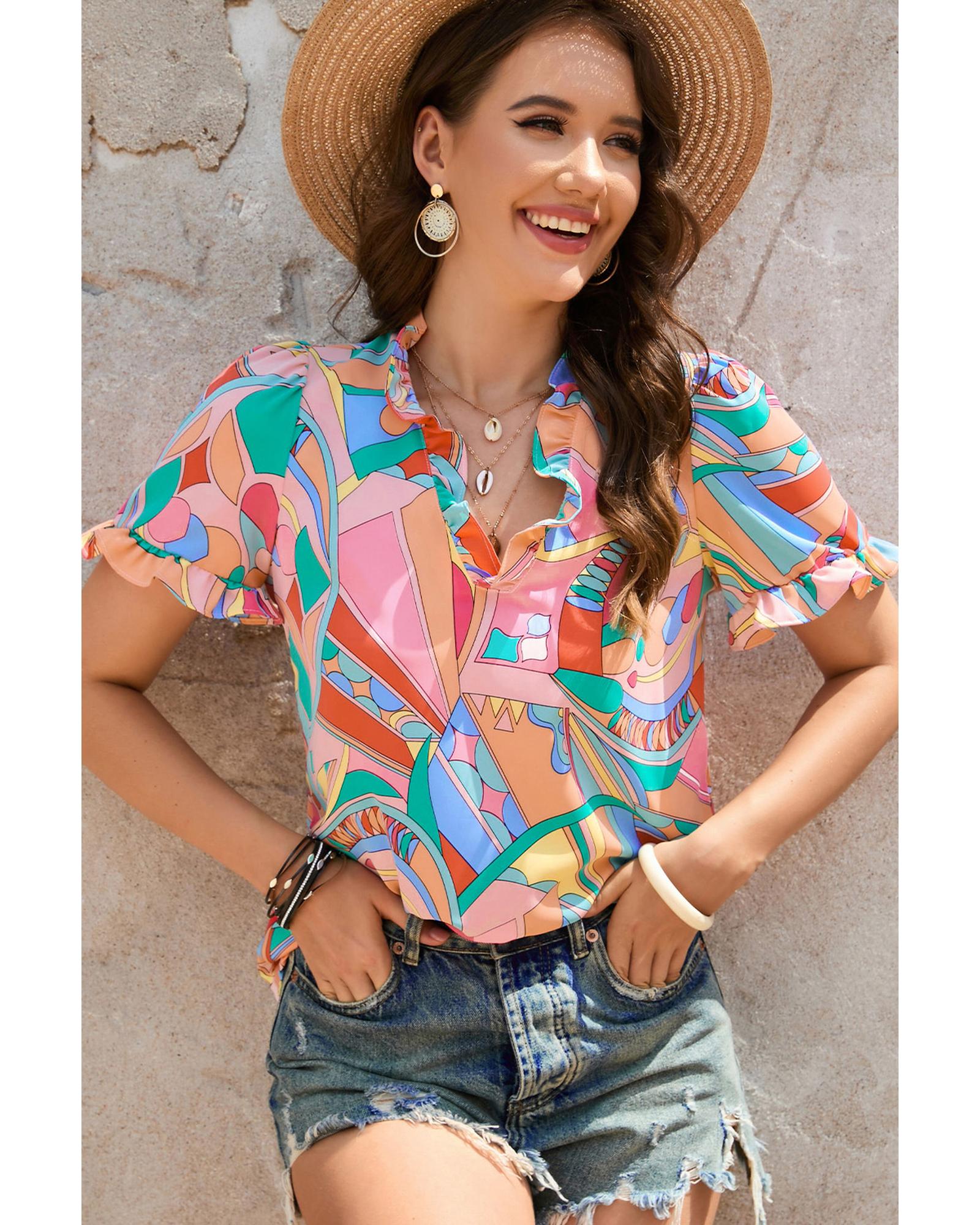 V539-AZEXDC25121574-22-S-164975-00 Azura Exchange Abstract Geometry Print Frilled V Neck Blouse - S - Image 1