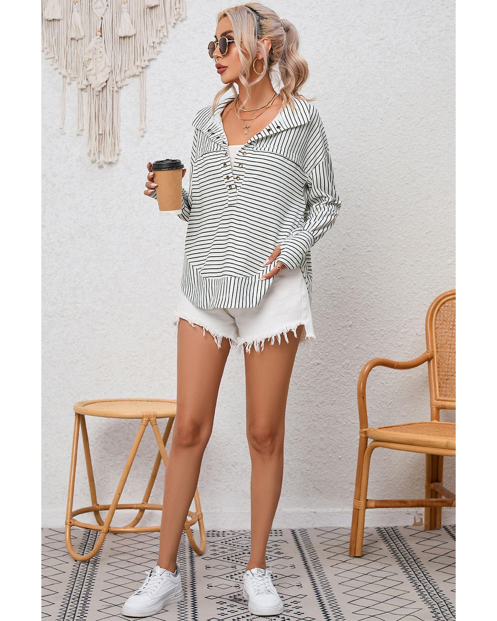 V539-AZEXDC25122017-1-S-202508291155-00 Azura Exchange Striped Thumbhole Drop Shoulder V Neck Top - S - Image 1