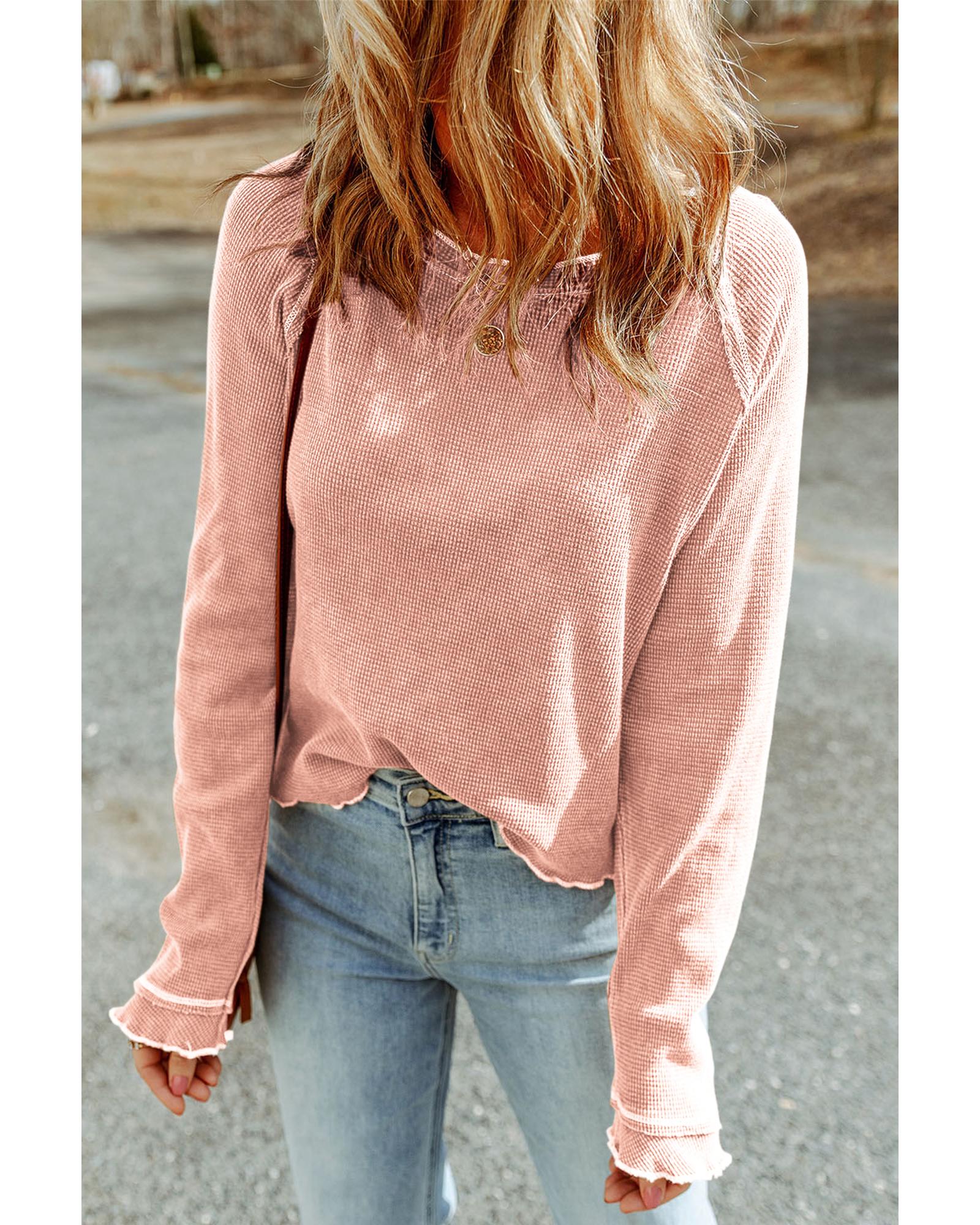 V539-AZEXDC25122025-P2010-XS-202508271340-00 Apricot Pink Textured Round Neck Long Sleeve Top - XS - Image 1