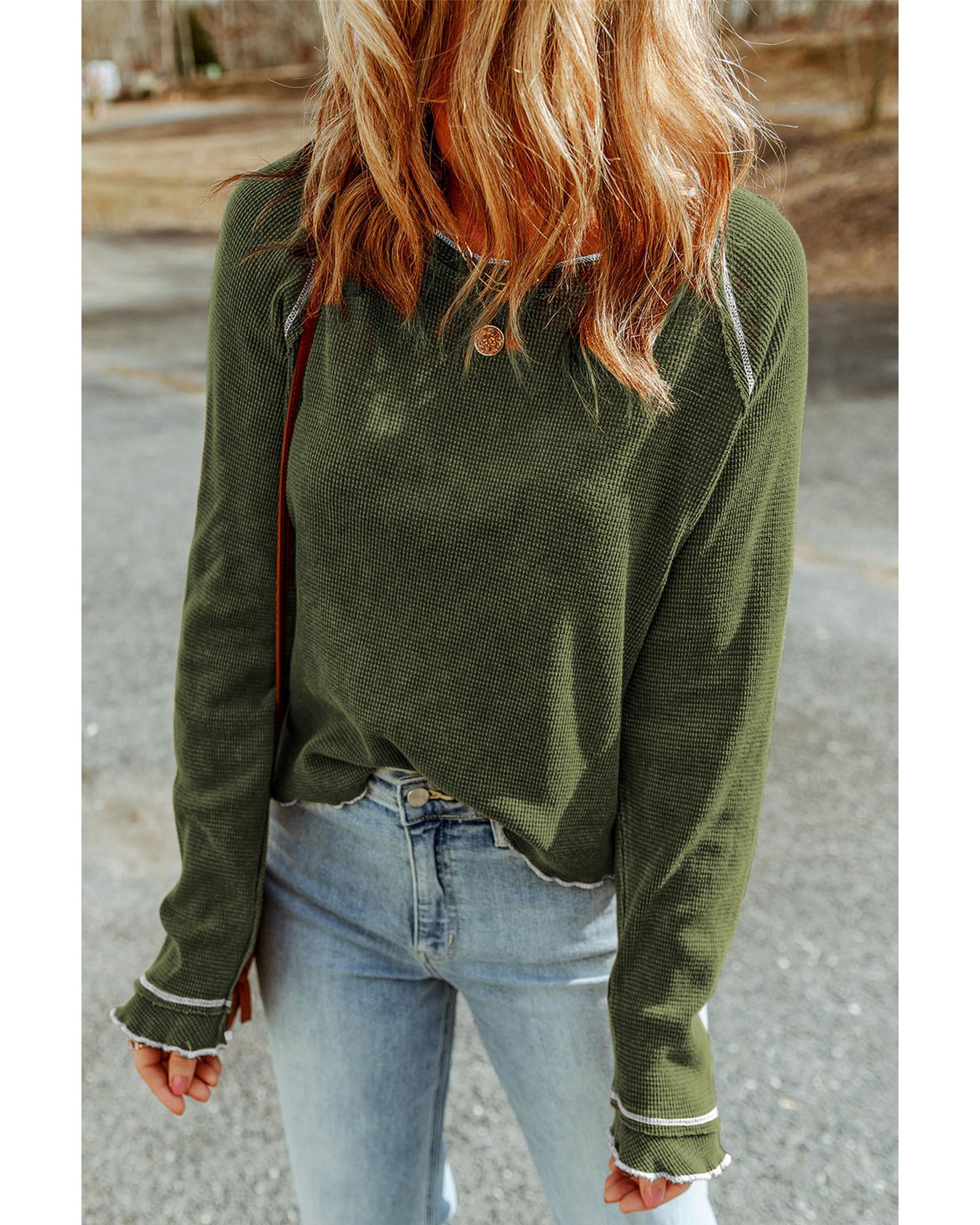 V539-AZEXDC25122025-P609-2XL-202508271455-00 Green Textured Round Neck Long Sleeve Top - 2XL - Image 1