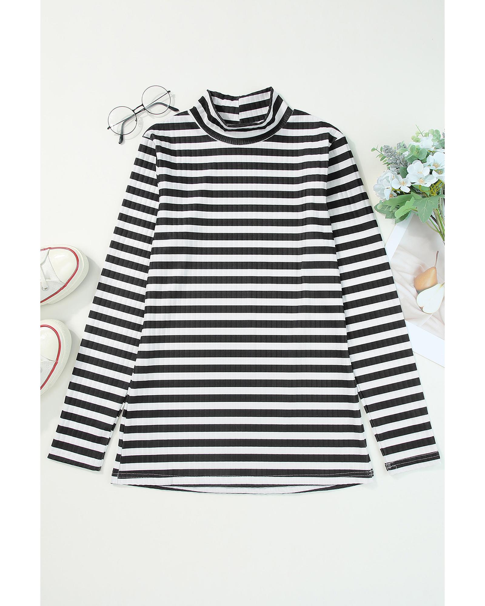 V539-AZEXDC25122034-P2-L-202508271835-00 Black Striped Print Textured Knit Long Sleeve Tee - L - Image 1