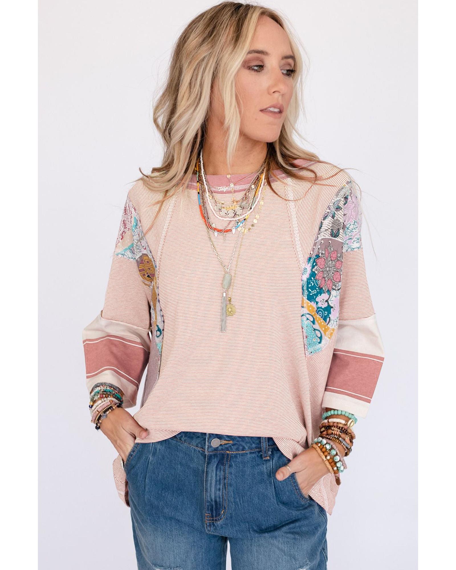 V539-AZEXDC25122088-P1020-XL-202508270710-00 Pink Printed Pinstriped Color Block Patchwork Oversized Top - XL - Image 1