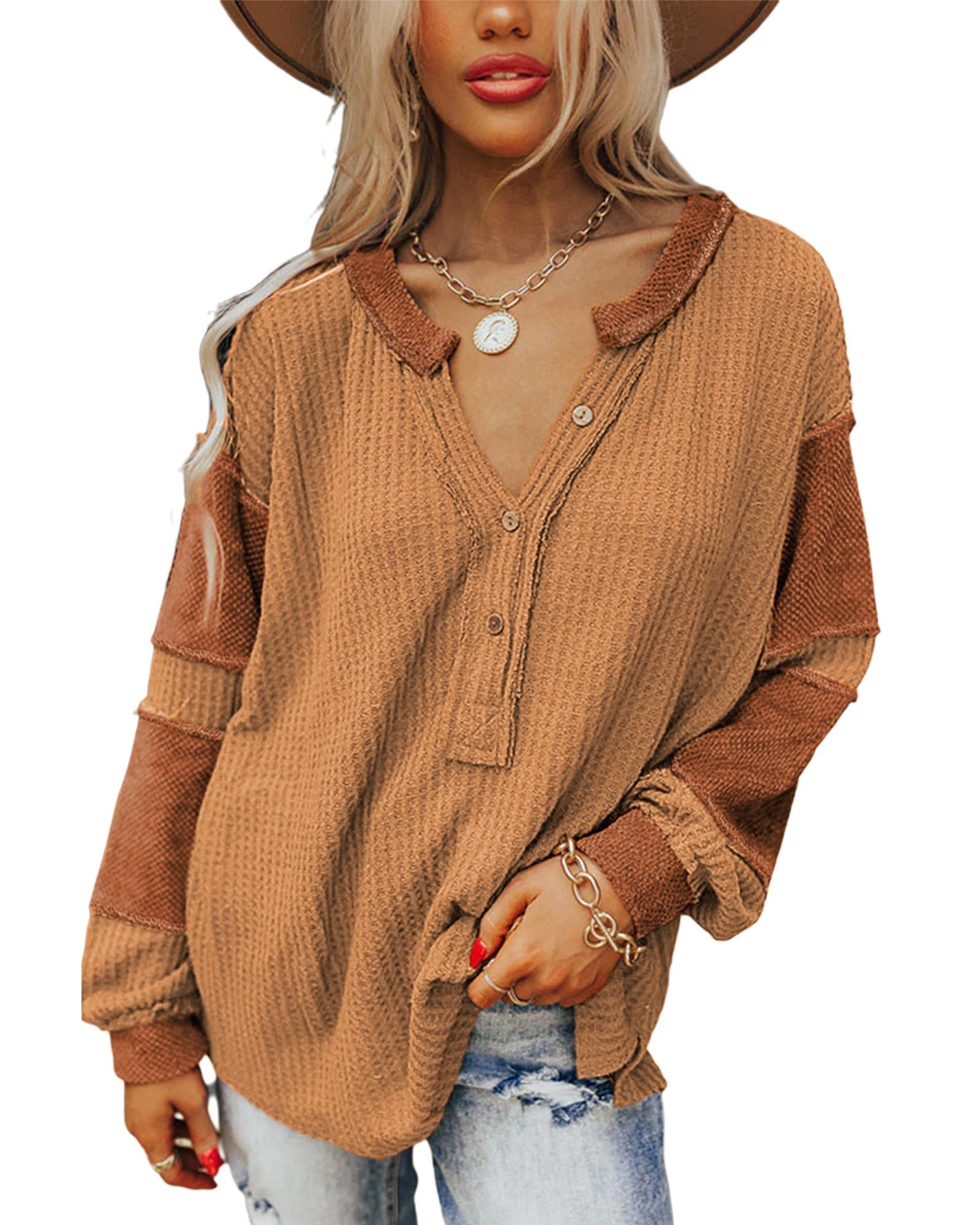 V539-AZEXDC25122090-14-2XL-202508291145-00 Azura Exchange Contrast Patched Waffle Knit Henley Top - 2XL - Image 1