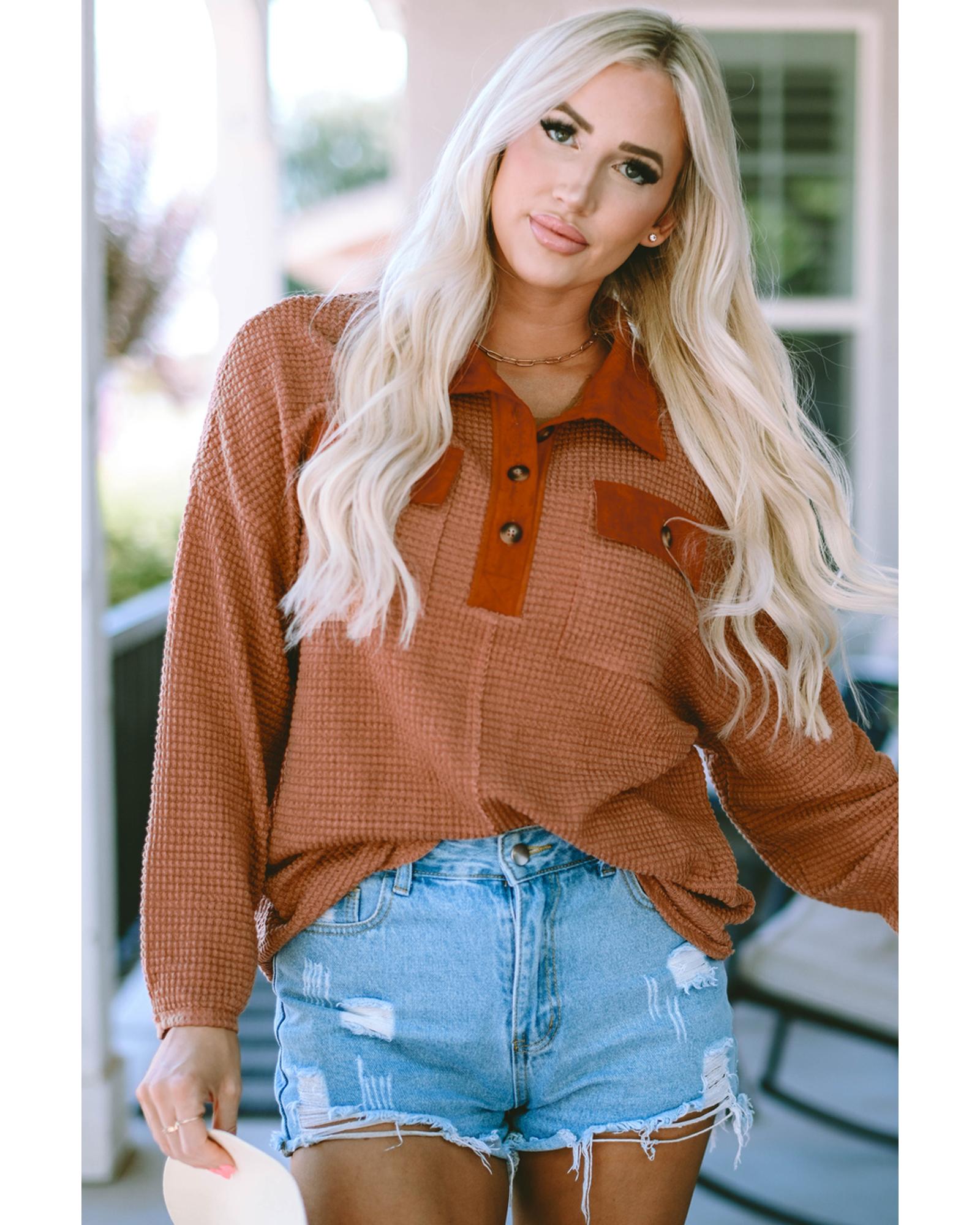 V539-AZEXDC25122097-17-XL-202508252010-00 Azura Exchange Button Contrast Trim Waffle Knit Top - XL - Image 1