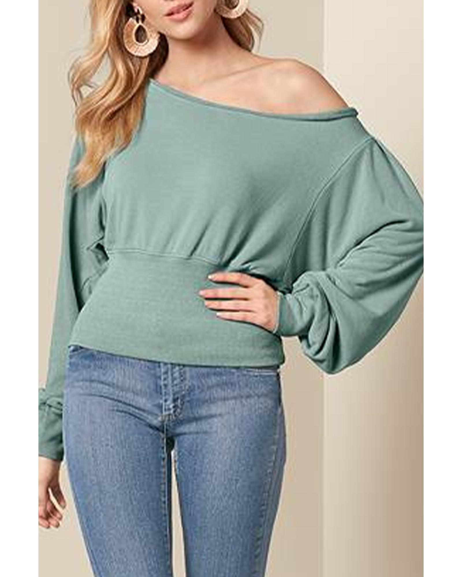 V539-AZEXDC25122312-9-M-202508270640-00 Green Off Shoulder Bishop Sleeve Cinched Waist Blouse - M - Image 1