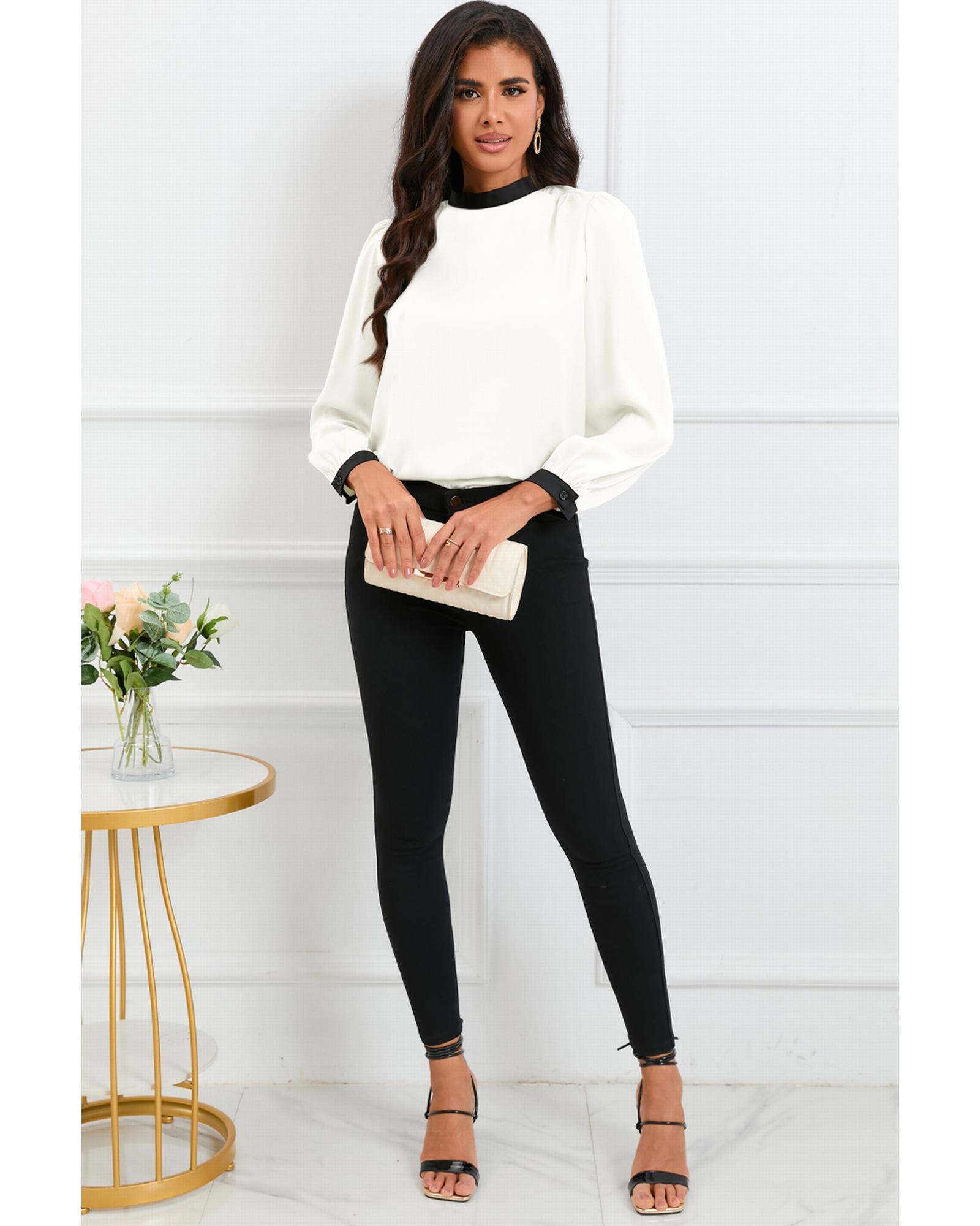 V539-AZEXDC25122537-1-2XL-202506120047-00 White Color Block Bow Back Mock Neck Blouse - 2XL - Image 1