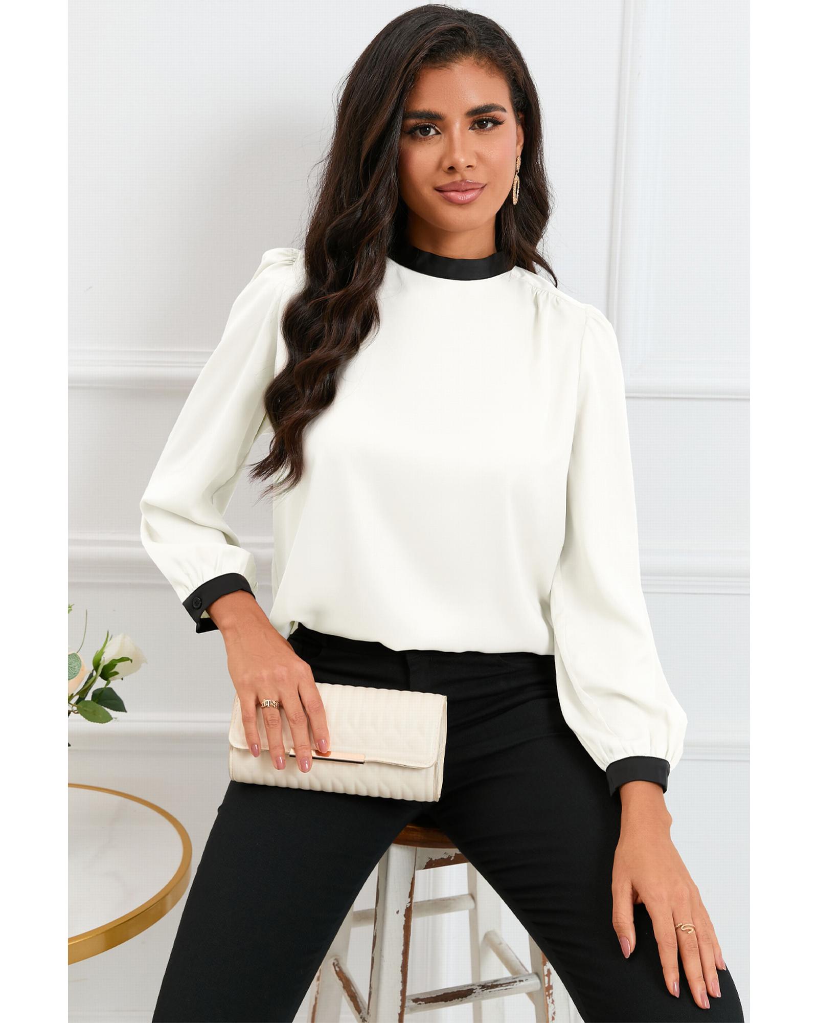 White Color Block Bow Back Mock Neck Blouse - S