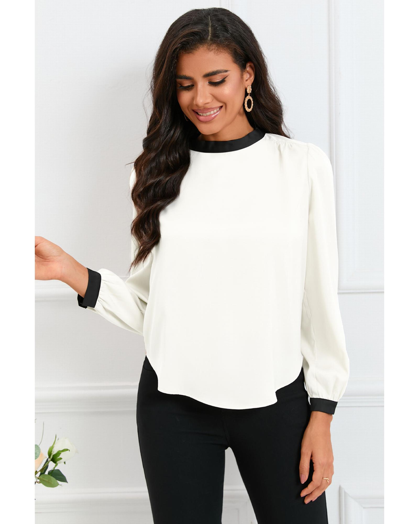 V539-AZEXDC25122537-1-XL-202508270145-00 White Color Block Bow Back Mock Neck Blouse - XL - Image 1