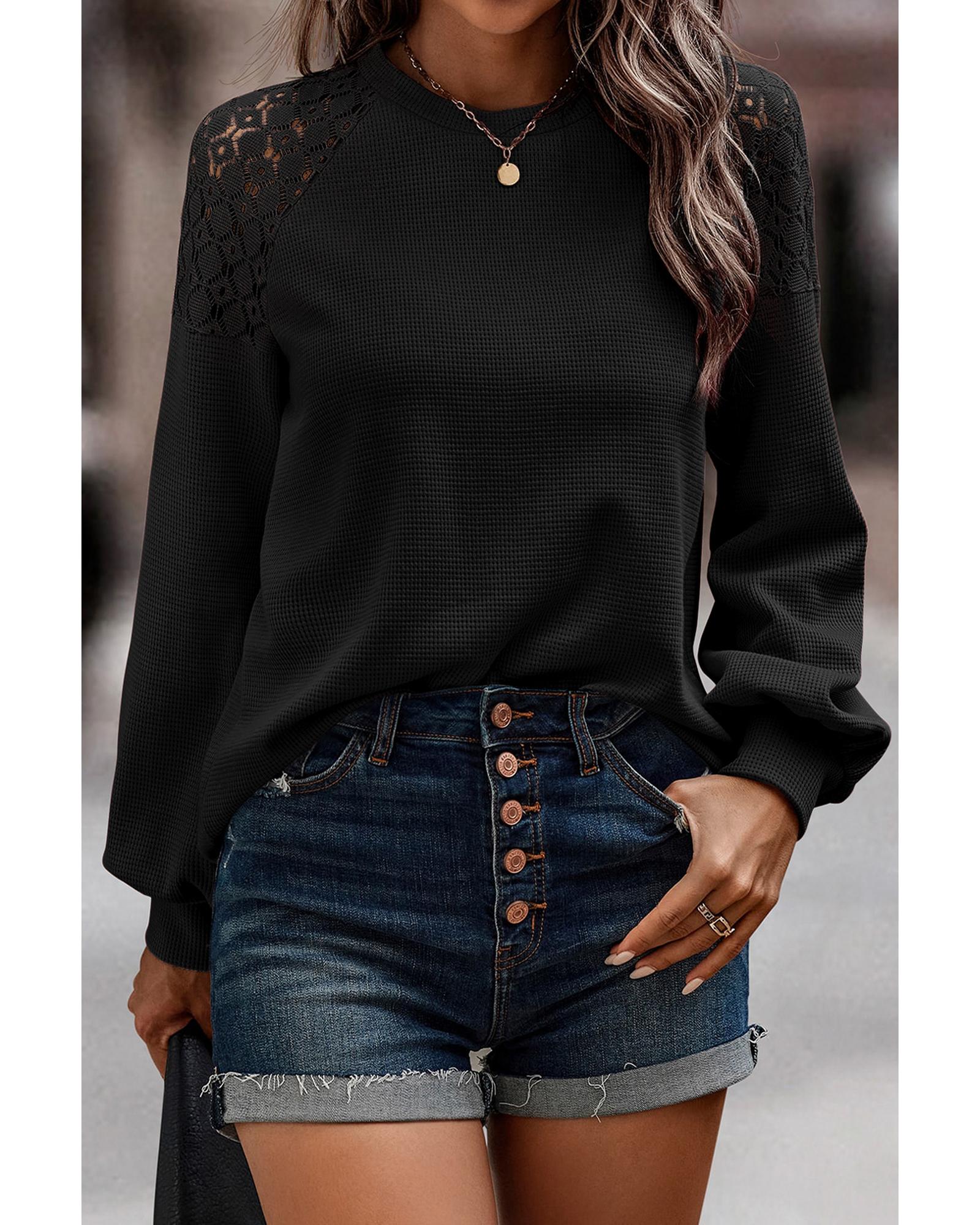 V539-AZEXDC25122570-P2-S-202506120125-00 Black Lace Long Sleeve Textured Pullover - S - Image 1