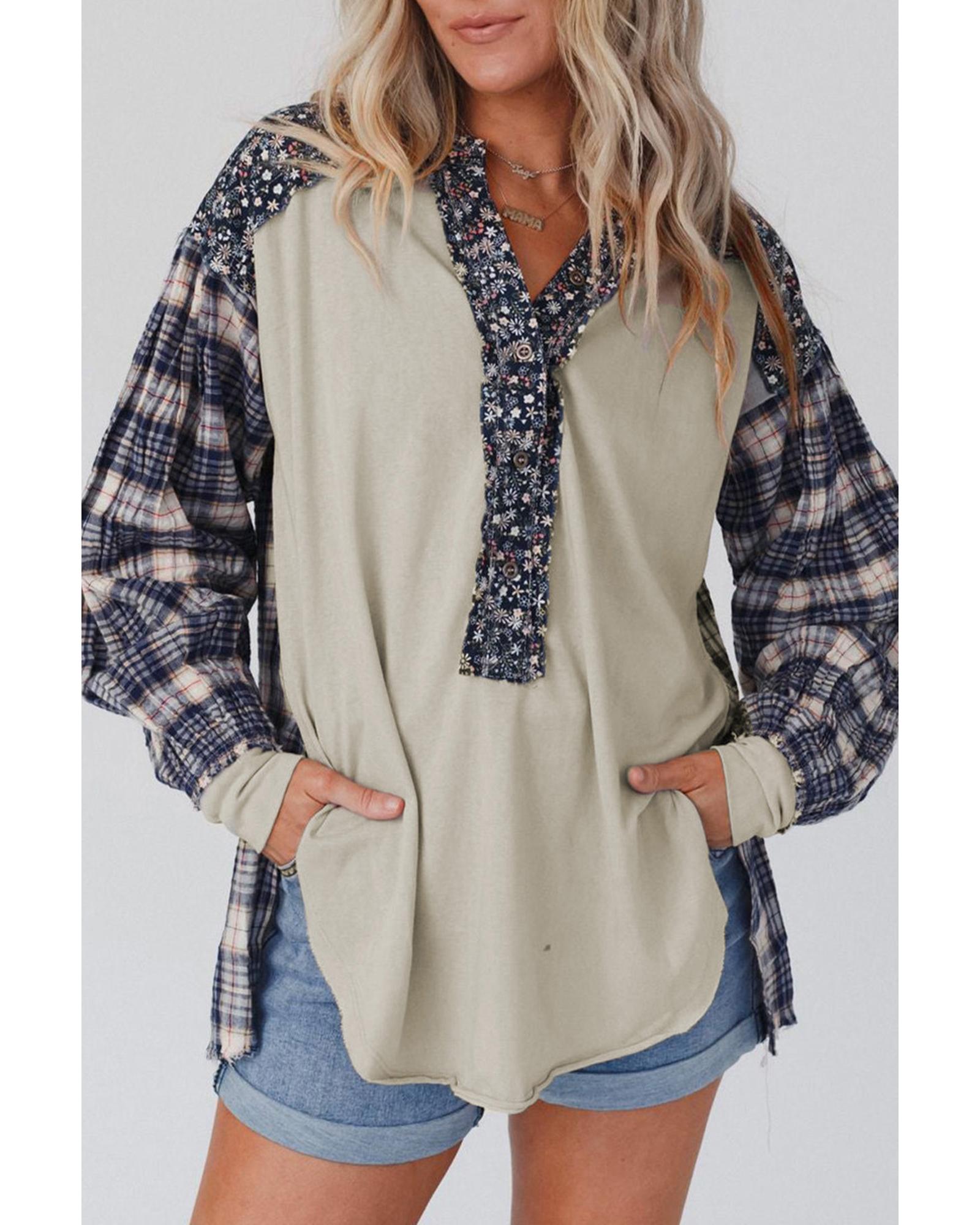 V539-AZEXDC25122651-5-M-202508271920-00 Blue Floral Plaid Mixed Print Bishop Sleeve Patchwork Top - M - Image 1