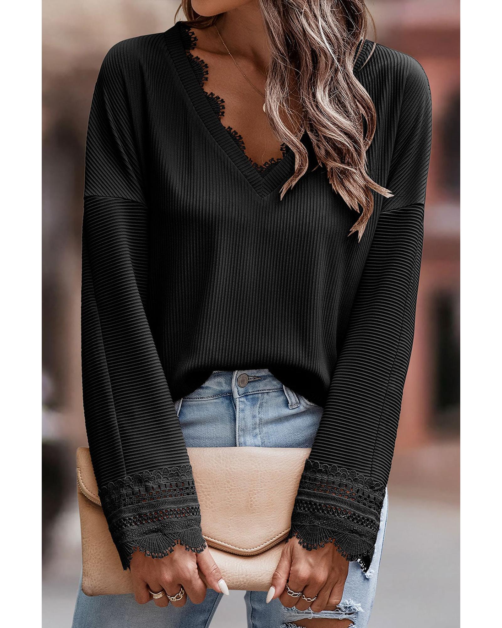 V539-AZEXDC25122653-2-M-202508311655-00 Azura Exchange Ribbed Texture Lace Trim V Neck Long Sleeve Top - M - Image 1