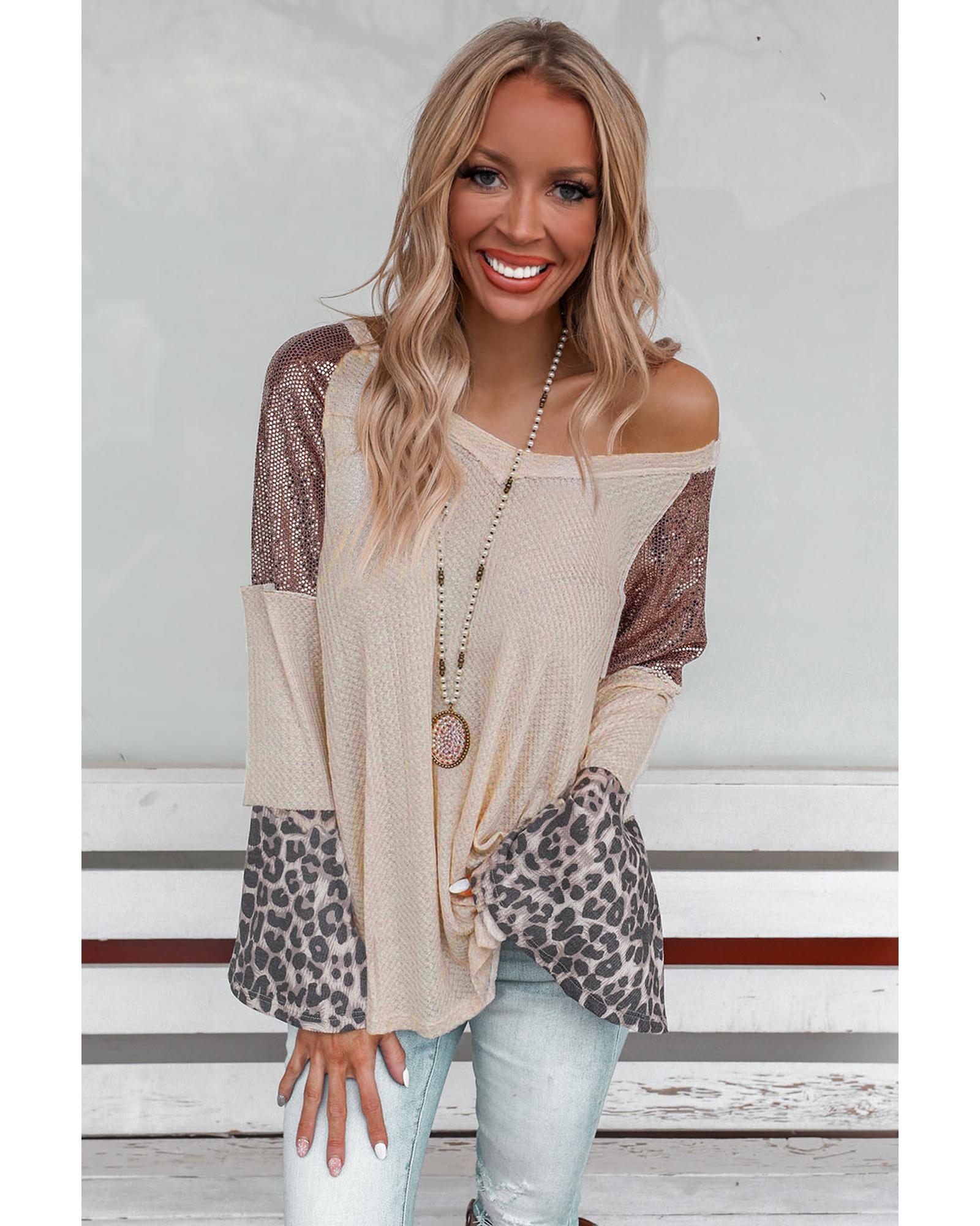 V539-AZEXDC25122705-20-S-202506112010-00 Leopard Sequin Patchwork Bell Sleeve V Neck Tunic Top - S - Image 1