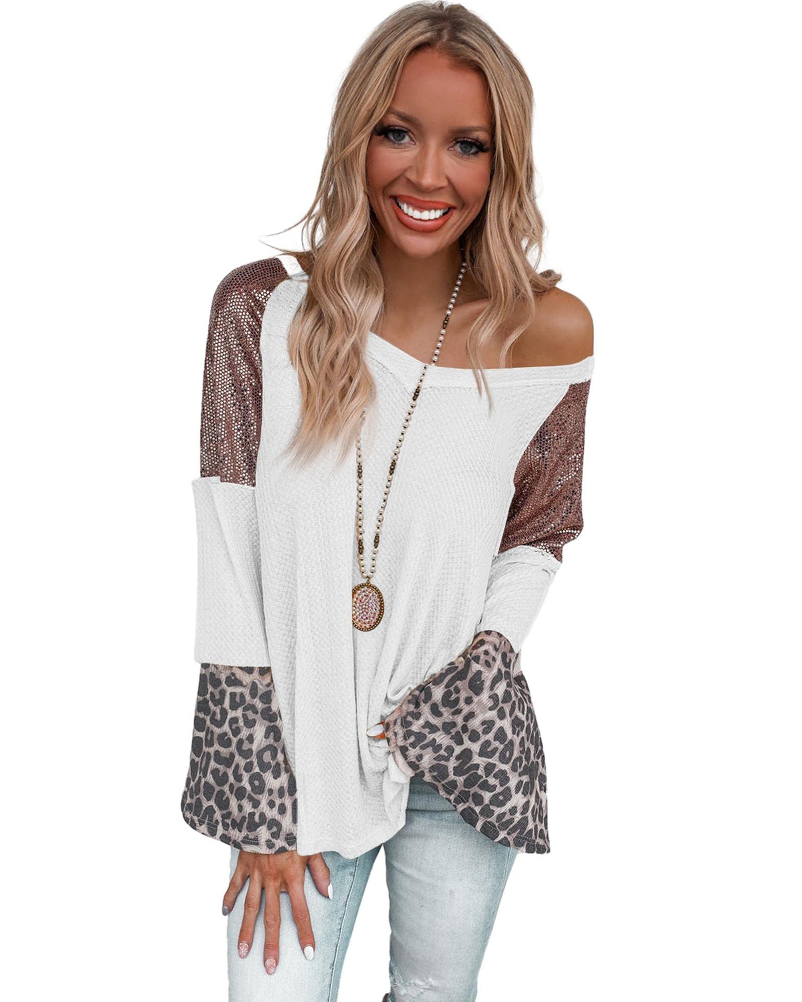 V539-AZEXDC25122705-P1-L-202506112011-00 White Sequin Patchwork Bell Sleeve V Neck Tunic Top - L - Image 1