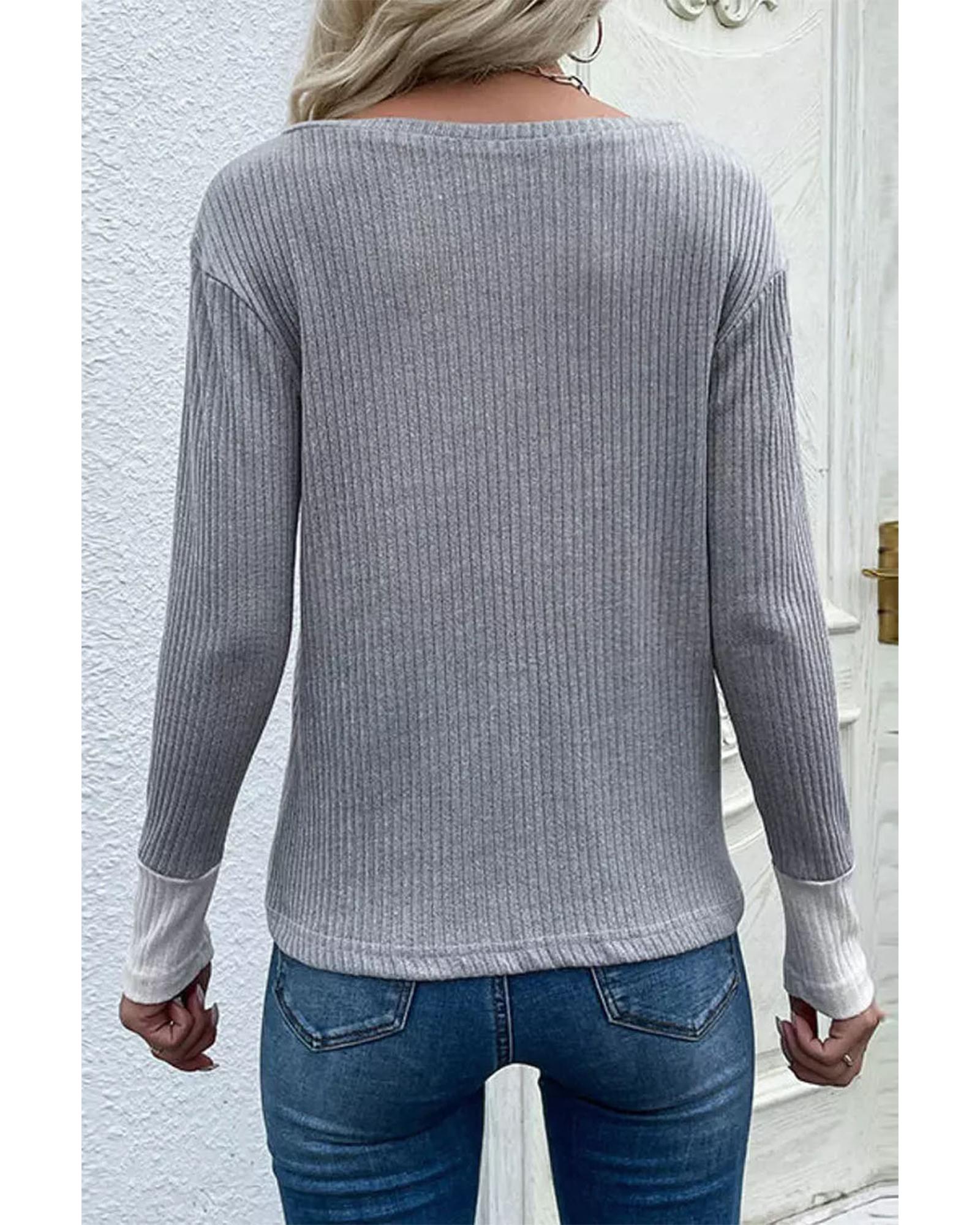 V539-AZEXDC25122712-20-M-202508271040-00 Leopard Patchwork Ribbed Color Block V Neck Top - M - Image 1