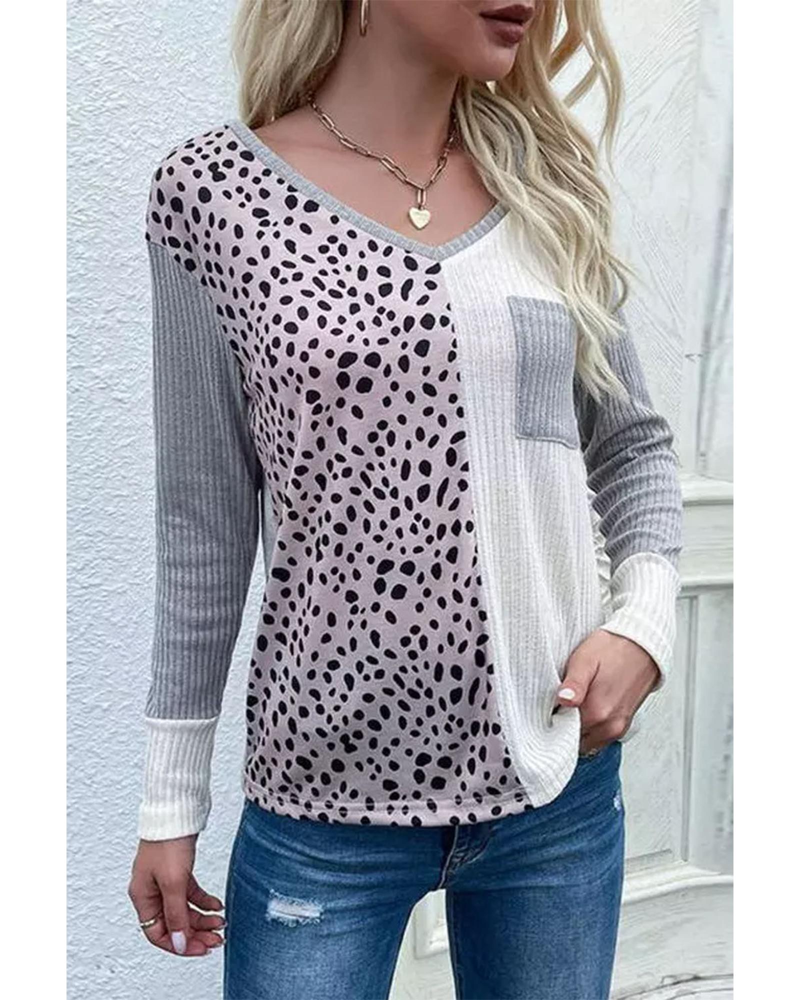 V539-AZEXDC25122712-20-XL-202508271155-00 Leopard Patchwork Ribbed Color Block V Neck Top - XL - Image 1