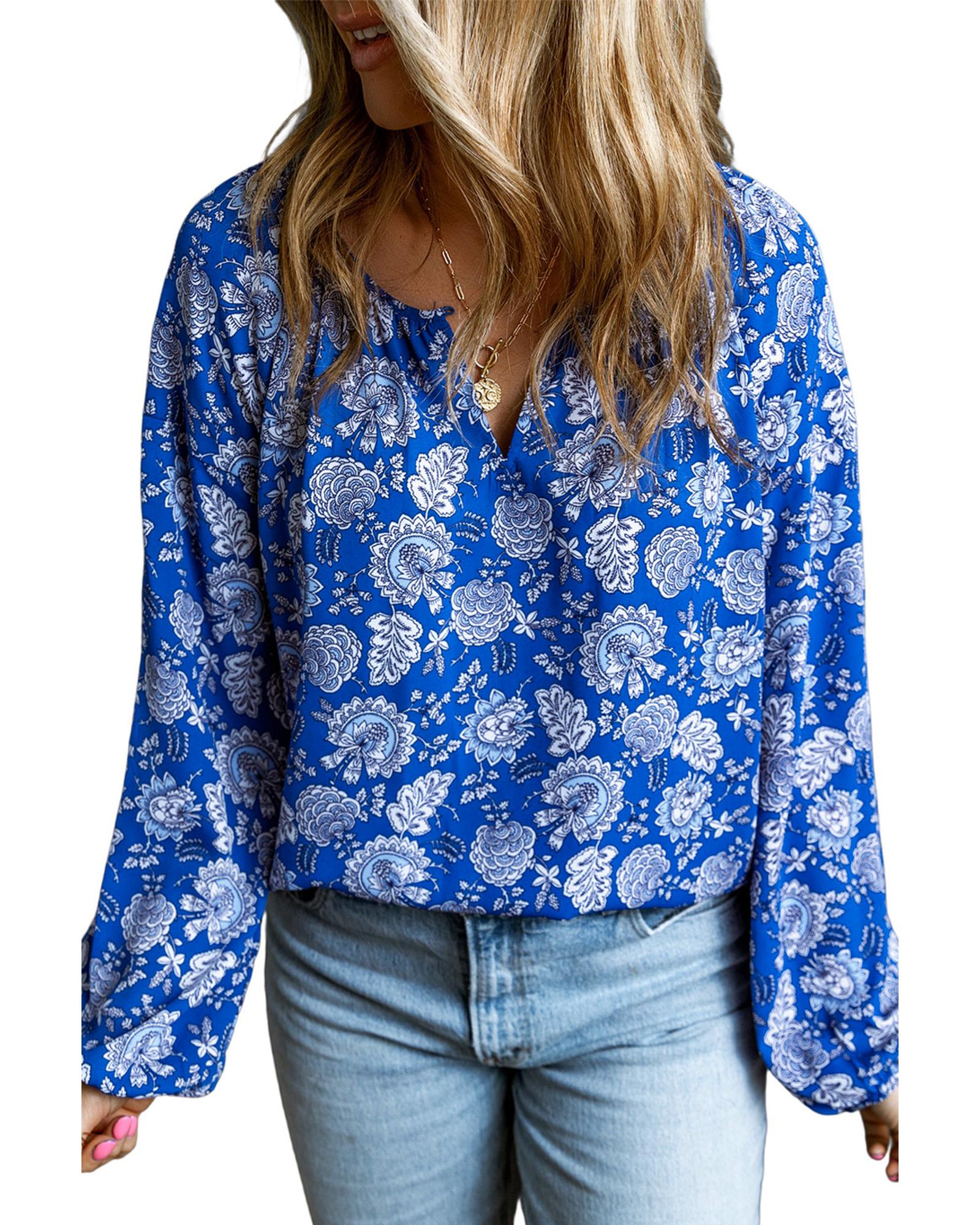 V539-AZEXDC25122862-5-S-202506112112-00 Blue Floral Notched V-Neck Long Sleeve Blouse - S - Image 1