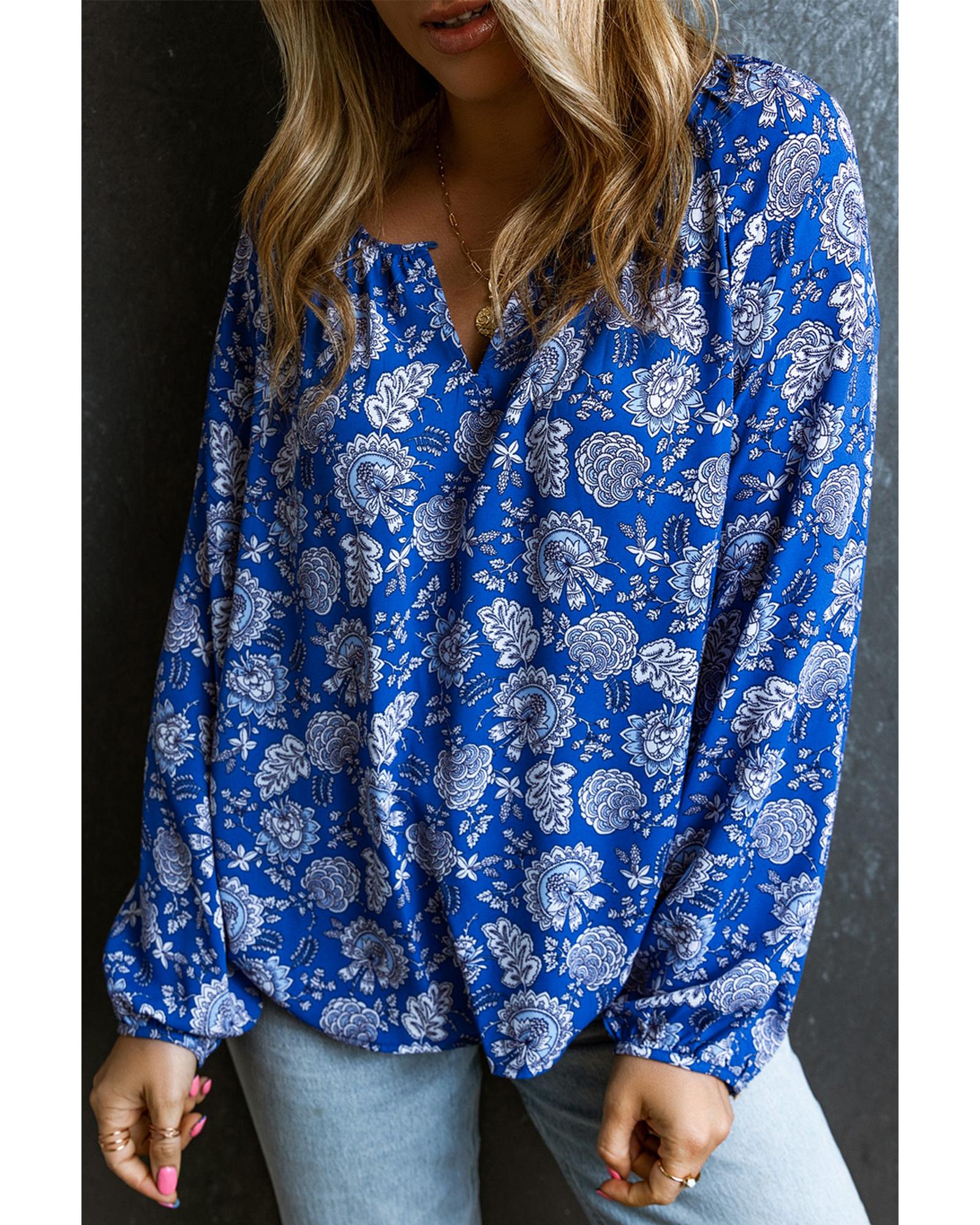 V539-AZEXDC25122862-5-XL-202508271350-00 Blue Floral Notched V-Neck Long Sleeve Blouse - XL - Image 1