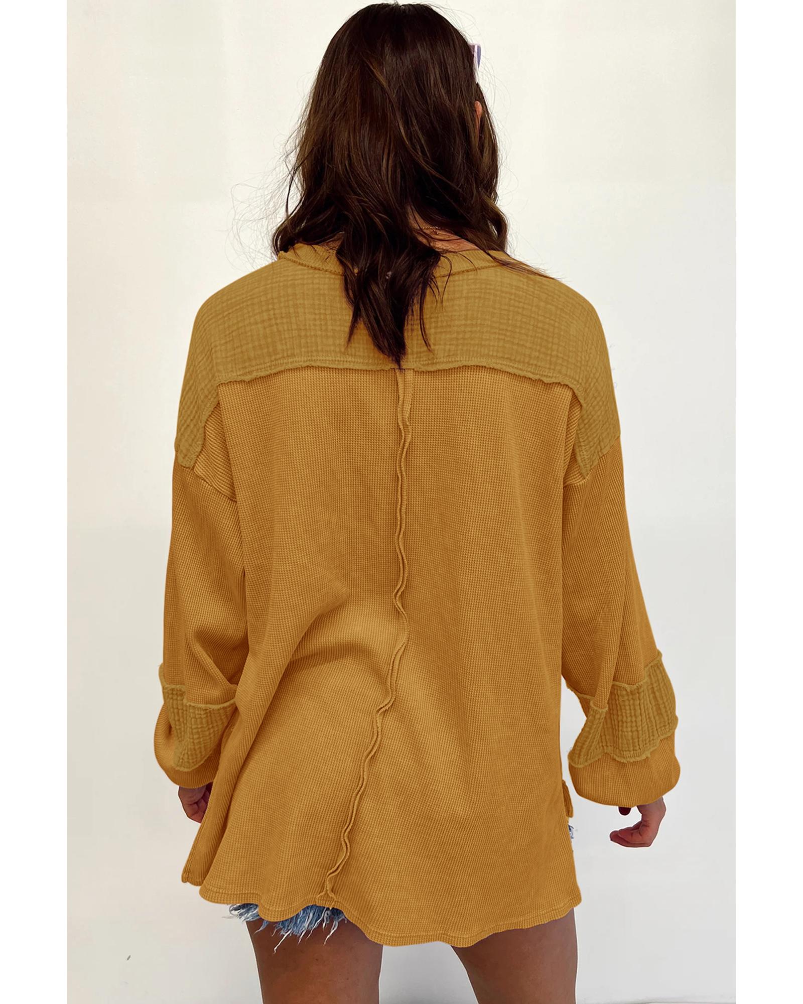 V539-AZEXDC25122965-17-L-202508280015-00 Exposed Seam Patchwork Bubble Sleeve Waffle Knit Top - L - Image 1