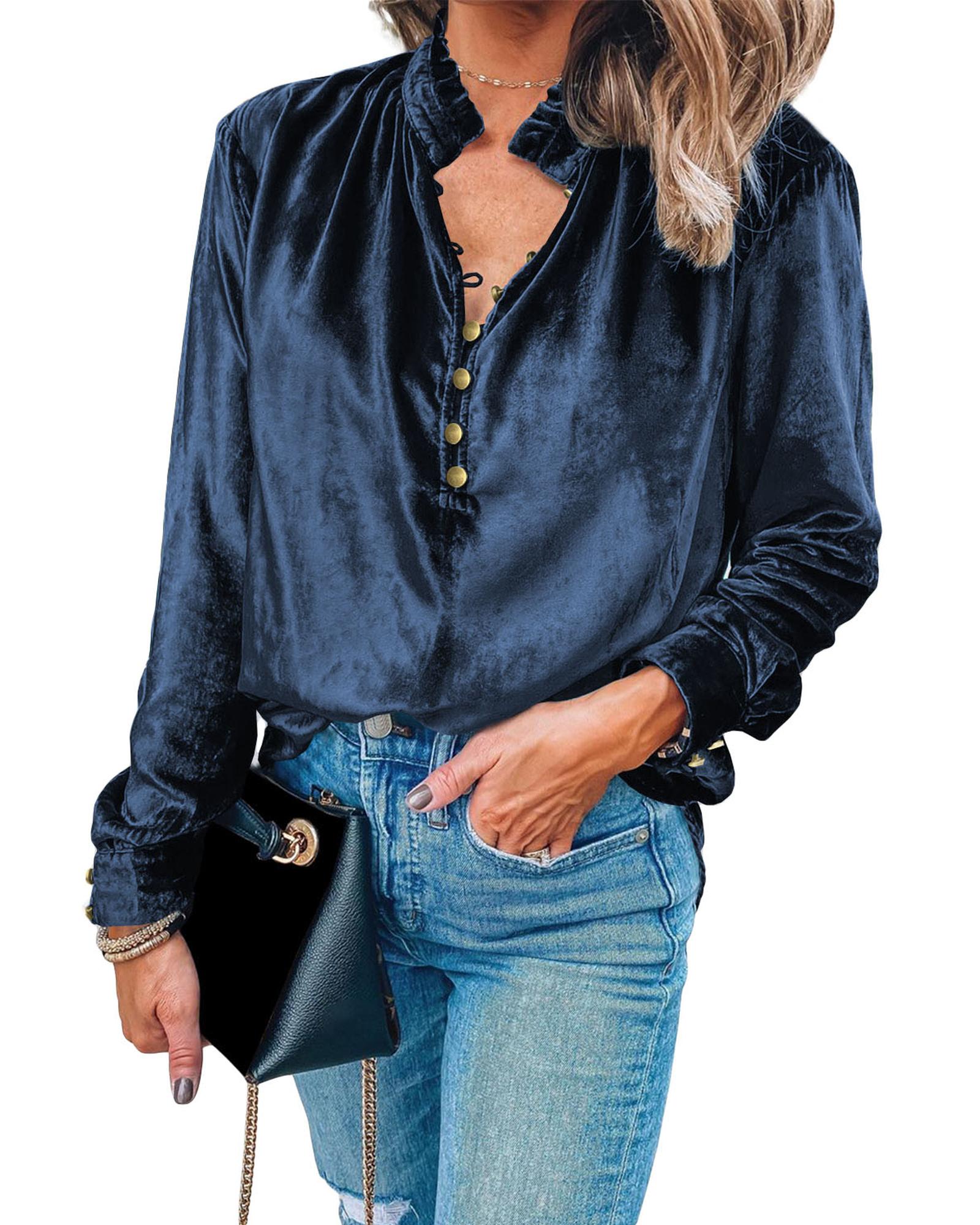 V539-AZEXDC25123034-P605-XL-202508272115-00 Navy Blue Frilled Neck Buttoned Front Velvet Top - XL - Image 1