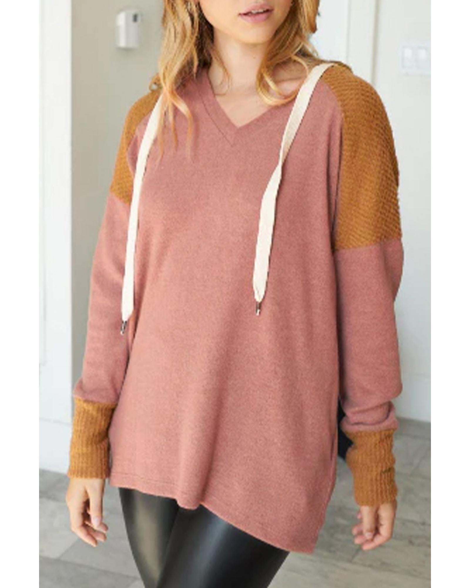 V539-AZEXDC25123077-17-L-202508272310-00 Brown Waffle Knit Patchwork Drawstring V Neck Hoodie - L - Image 1