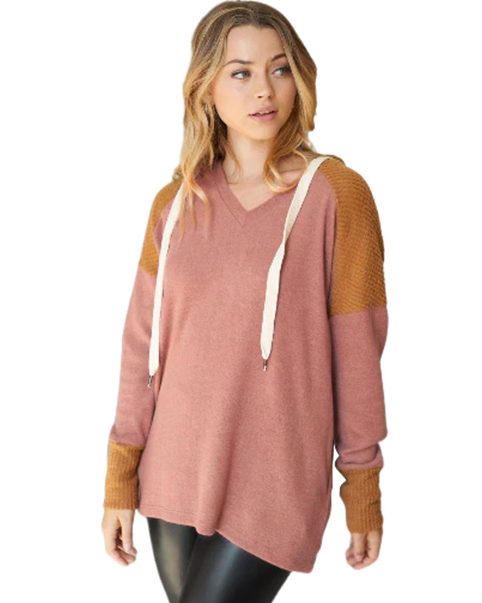 V539-AZEXDC25123077-17-XL-202508270400-00 Brown Waffle Knit Patchwork Drawstring V Neck Hoodie - XL - Image 1