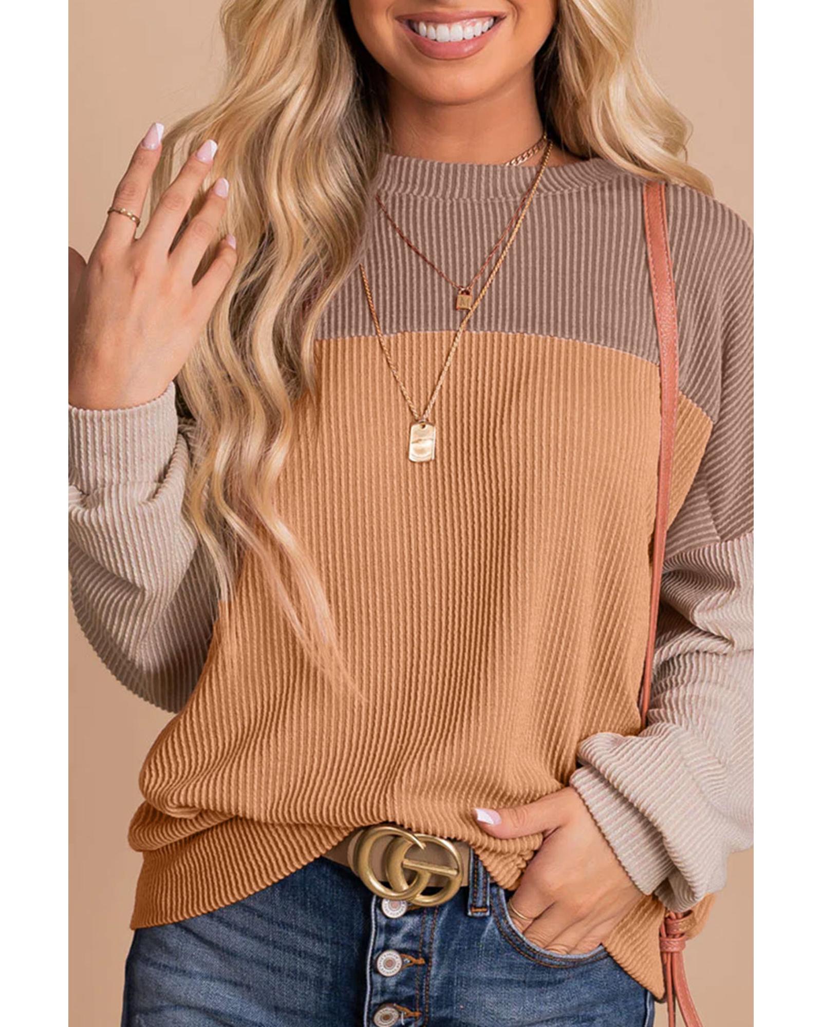 V539-AZEXDC25123172-16-S-202506112246-00 Khaki Color Block Long Sleeve Ribbed Loose Top - S - Image 1