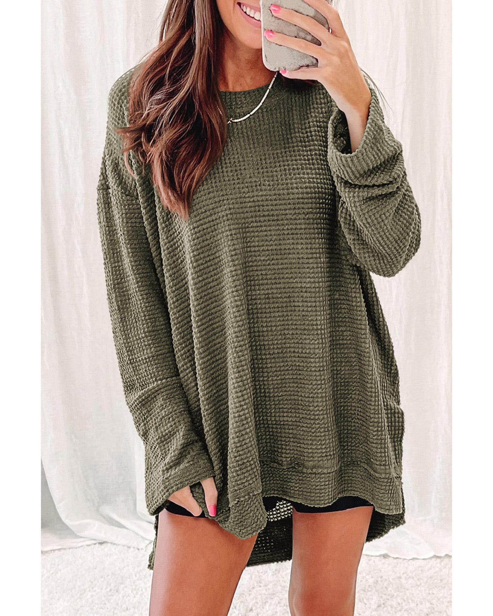 V539-AZEXDC25123199-9-S-202508290320-00 Azura Exchange Oversized Green Waffle Knit High Slits Top - S - Image 1