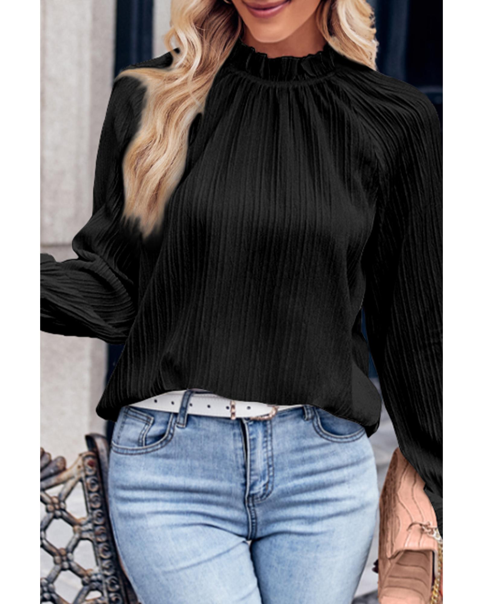 V539-AZEXDC25123206-2-S-202508291155-00 Azura Exchange Frilled Mock Neck Ripple Bubble Sleeve Blouse - S - Image 1