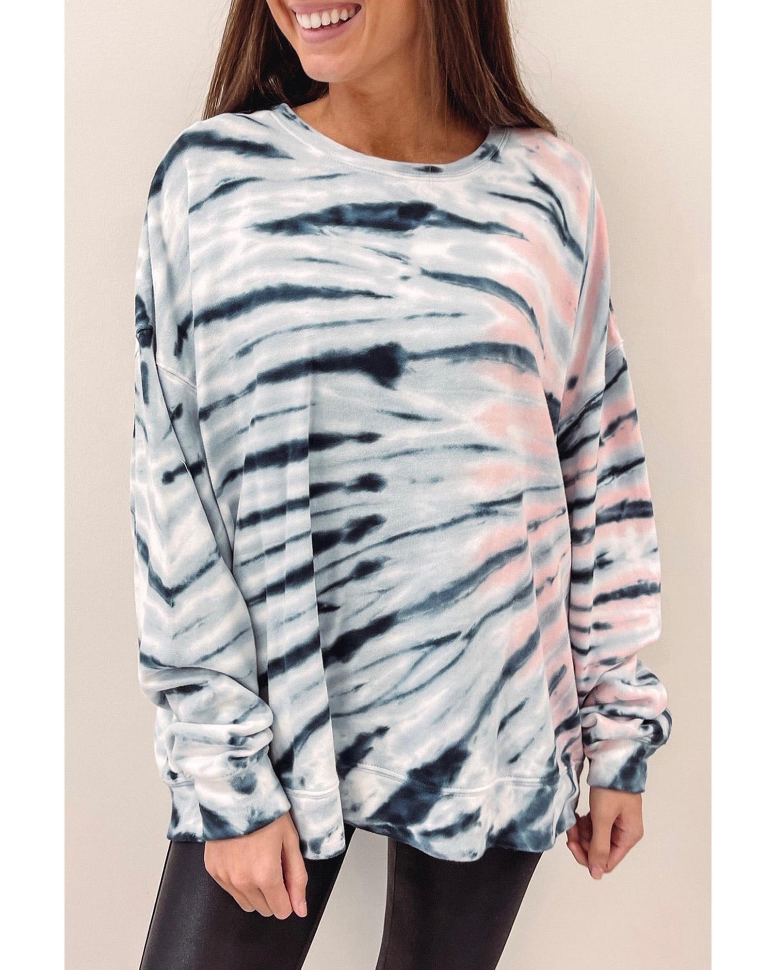 V539-AZEXDC25123257-4-M-202508272345-00 Sky Blue Tie-Dye Crewneck Long Sleeve Shift Pullover - M - Image 1